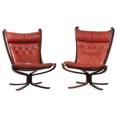 Sigurd Ressell Two Falcon Chairs with Leather Cushions by Vatne Møbler Norway