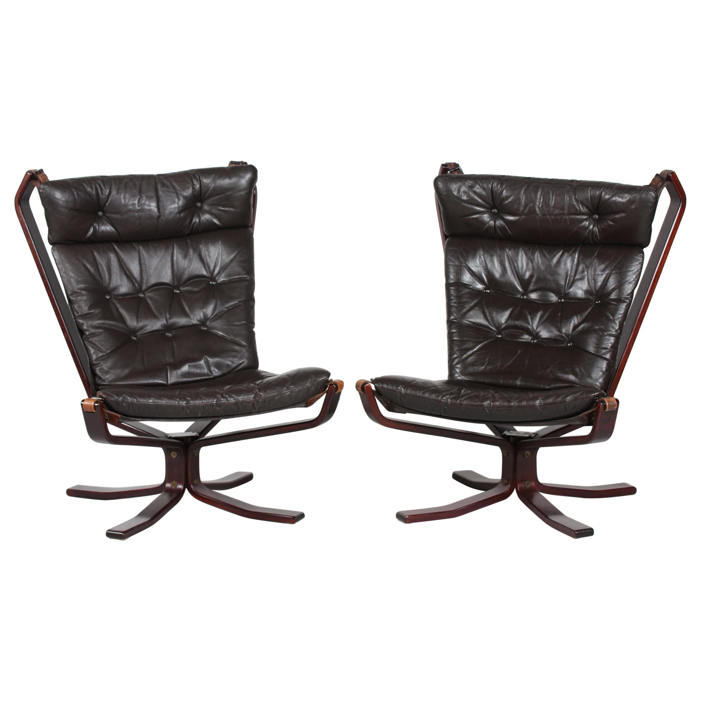 Sigurd Ressell Two Falcon Chairs with Leather Cushions by Vatne Møbler Norway