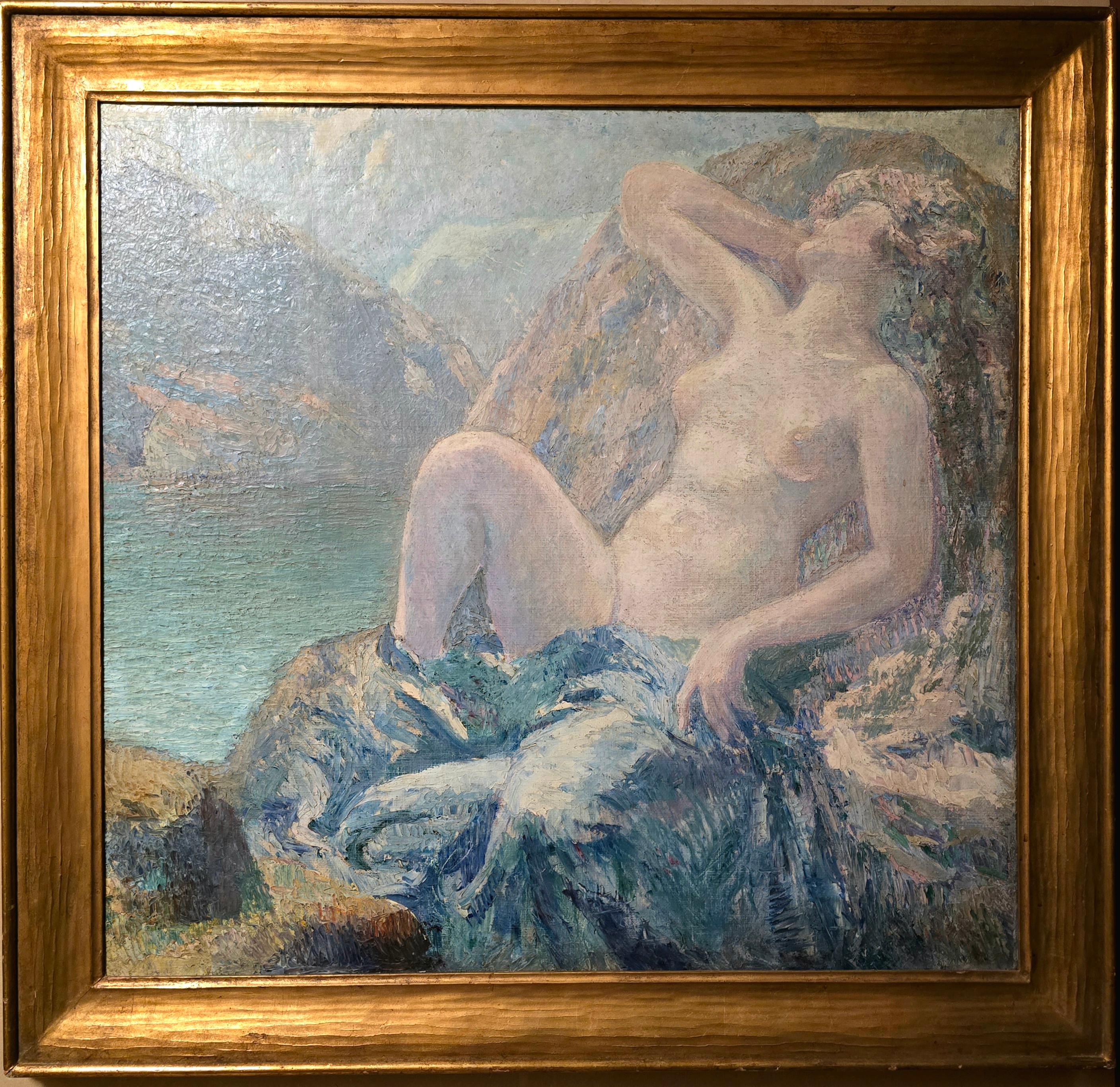 Hills in Norway by Norwegian American  artist Sigurd Skou.  Stunning oil on Canvas housed in a period arts and crafts carved frame. 

Born in Fredrikshald, Norway, Skou was a student of Anders Zorn in Stockholm and Christian Krolig in Paris. Early