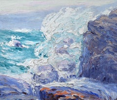 Vintage Sea Spray, Maine Coast, Impressionist, Oil on Board, Seascape