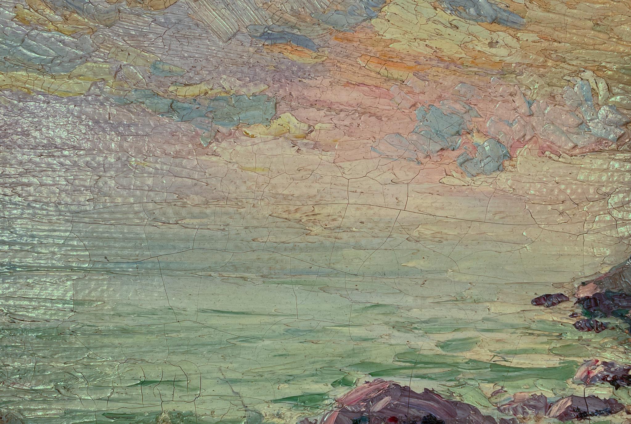 Paisaje marino de Sigurd Schou (1875-1944)
Óleo sobre lienzo
14 ¼ x 17 ¼ pulgadas sin enmarcar (36,195 x 43,815 cm) 
Firmado abajo a la derecha

Descripción:
Sigurd Schou fue un pintor impresionista danés que se centró en representaciones sueltas de