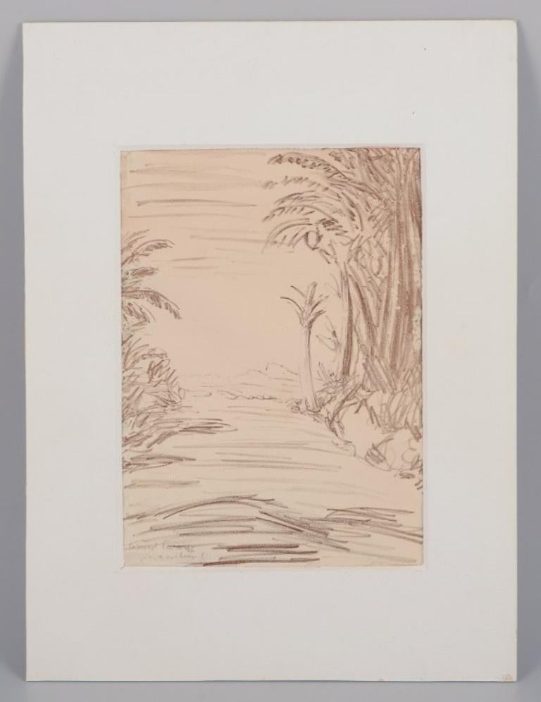 Sigurd Swane (1879-1973), Danish artist. Mixed media on paper.
Landscape with trees. Expressive lines.
Mid-20th century.
Signed in pencil.
In good condition with some paint loss and two small holes.
Dimensions: 25.5 cm x 18.0 cm.
Total dimensions: