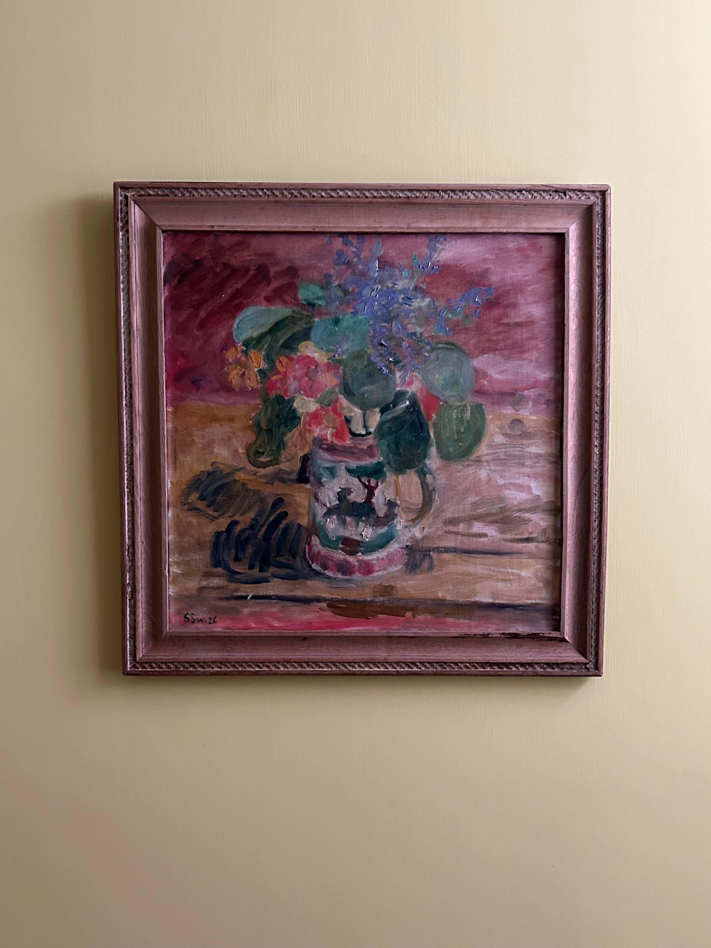 Danish Sigurd Swane Composition with flowers Oil Painting, Antique Frame, 1926, Denamrk
