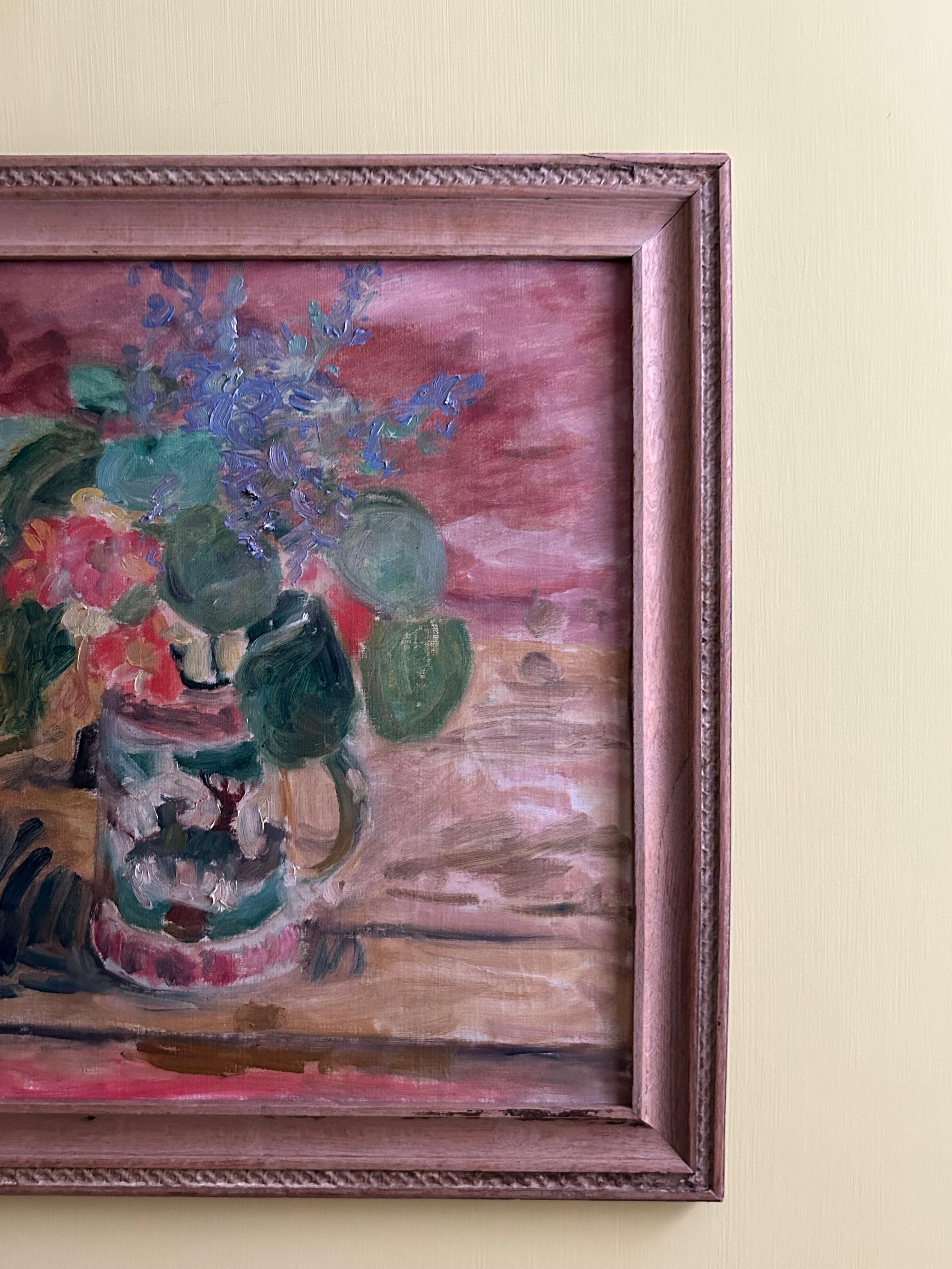 Hand-Painted Sigurd Swane Composition with flowers Oil Painting, Antique Frame, 1926, Denamrk