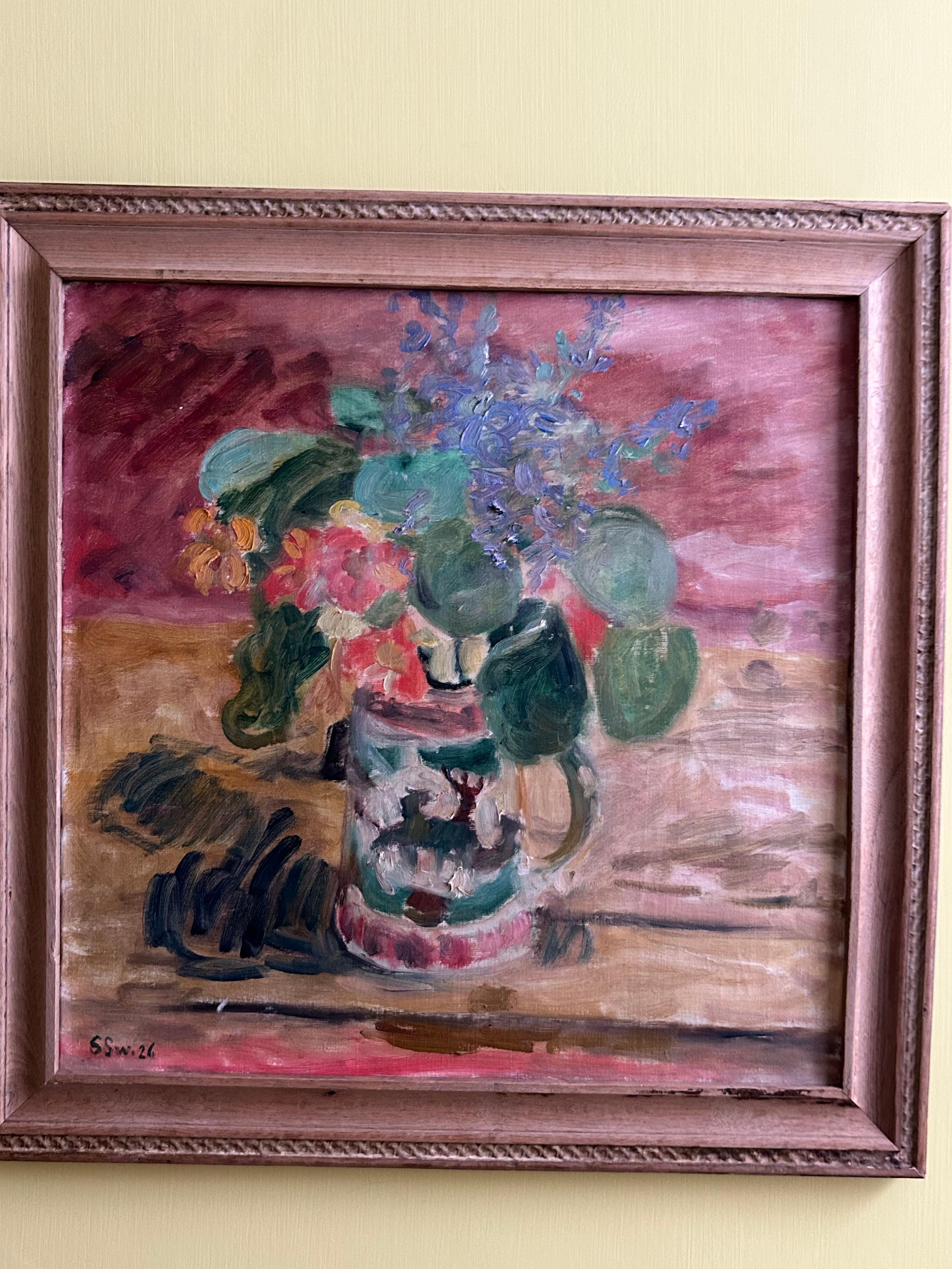 Canvas Sigurd Swane Composition with flowers Oil Painting, Antique Frame, 1926, Denamrk