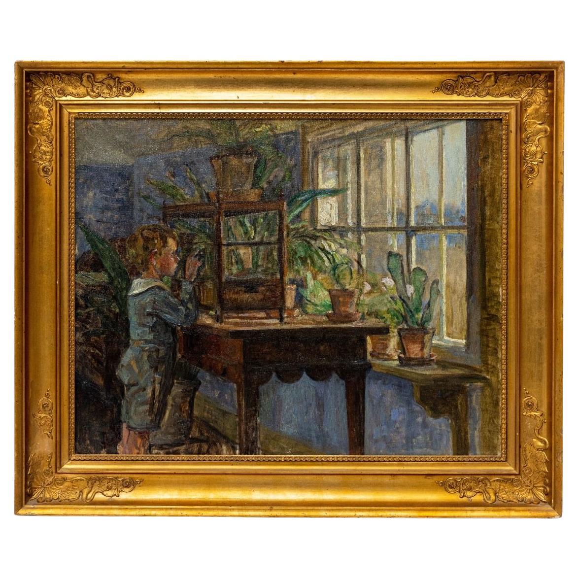 Sigurd Wandel. Peinture : "Intérieur avec un petit garçon regardant une cage à oiseaux en vente