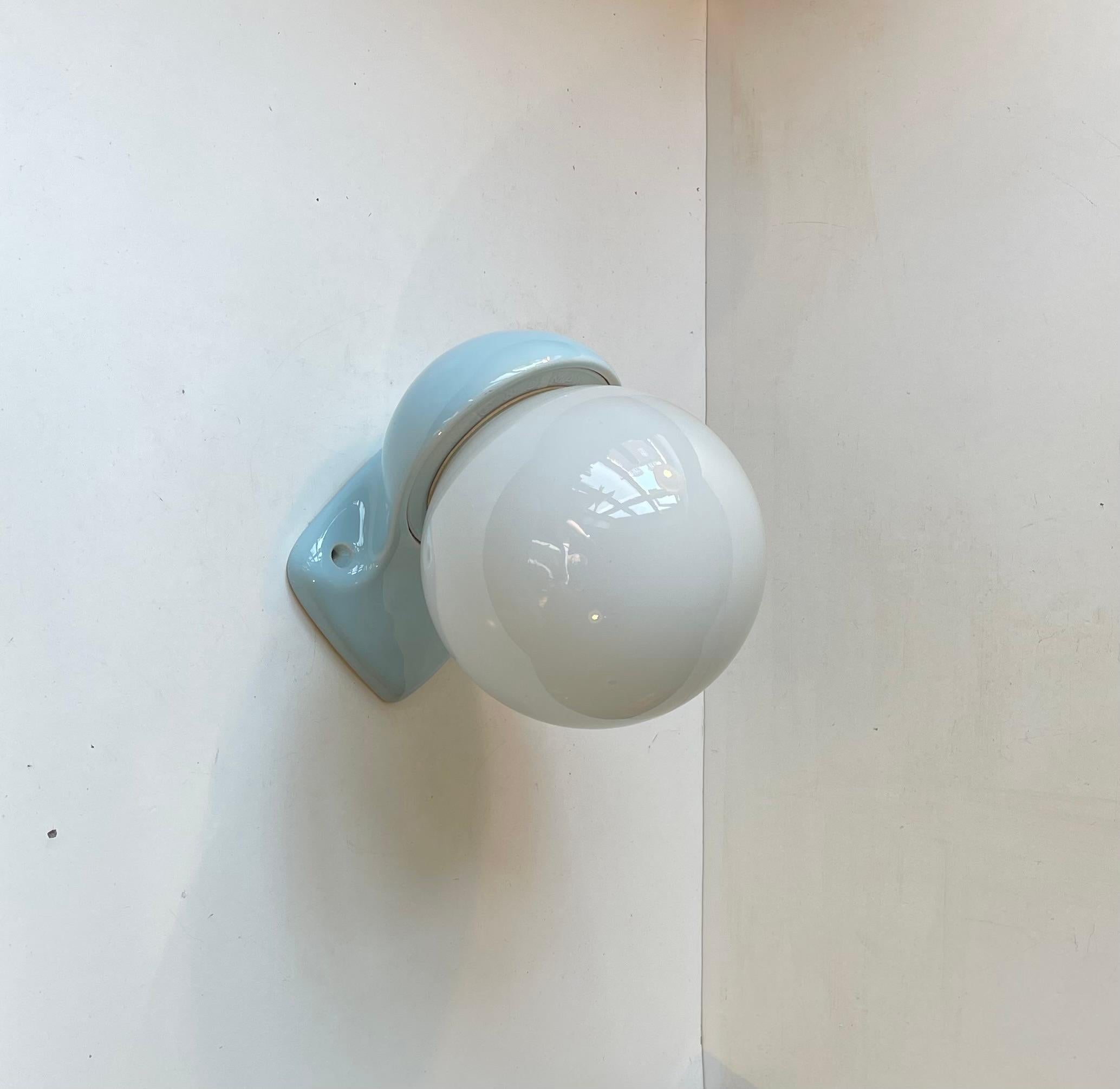 Glazed Sigvard Bernadotte Blue Porcelain & Glass Bathroom Wall Sconce for IFÖ Sweden