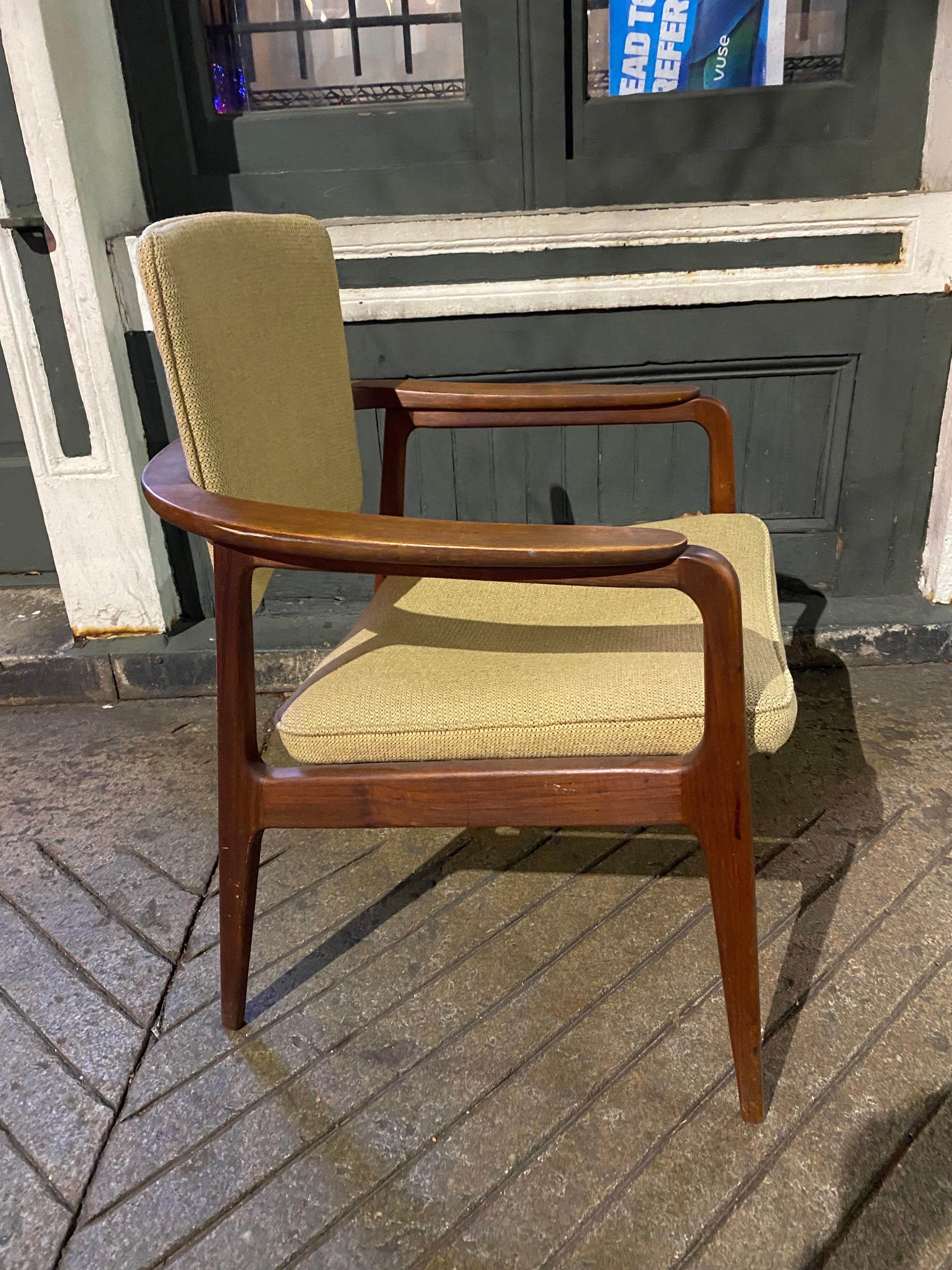 Sigvard Bernadotte chair for France & Sons, Denmark. Unusual Back design that pivots on round Brass Ball Hinges. Allows the back to move with the person sitting in the chair. Chair appears to be all original! Fabric in nice original condition.