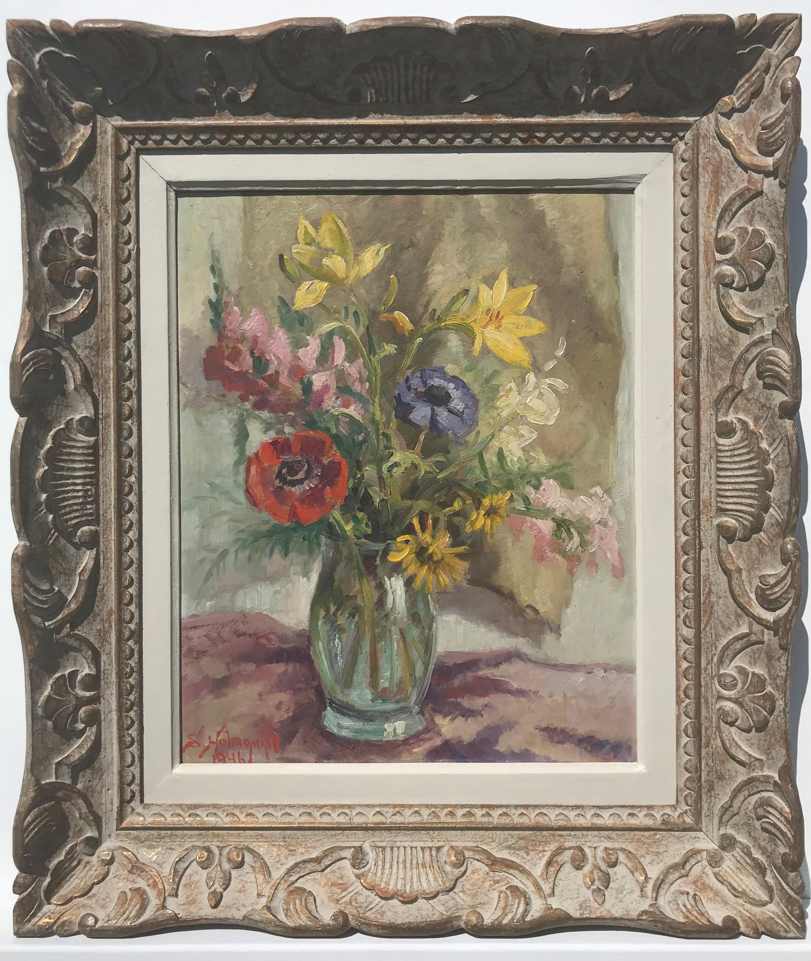 Still Life of Mixed Flowers, original oil on board, 20thC impressionist, Swedish - Painting by Sigvard Holmqvist