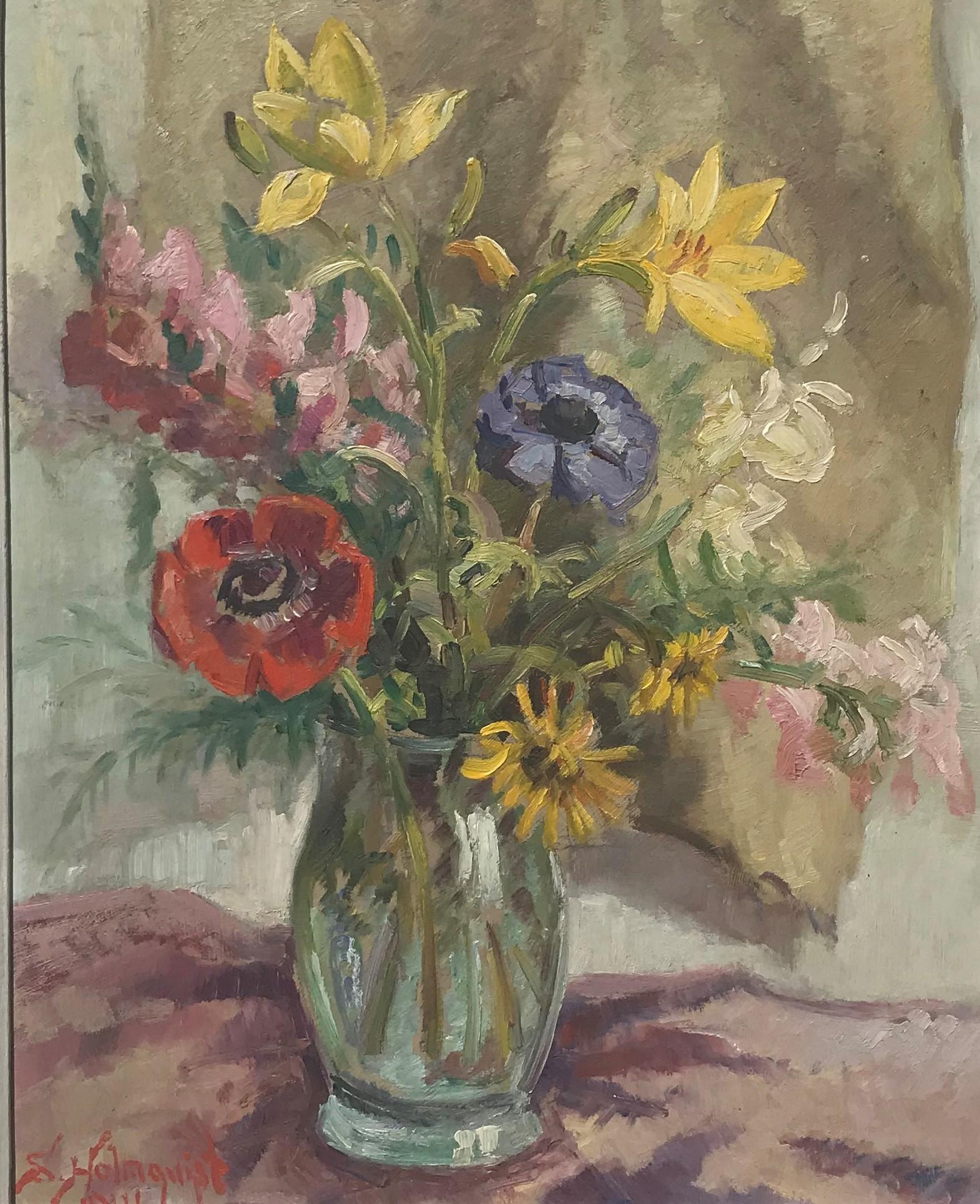 Still Life of Mixed Flowers, original oil on board, 20thC impressionist, Swedish