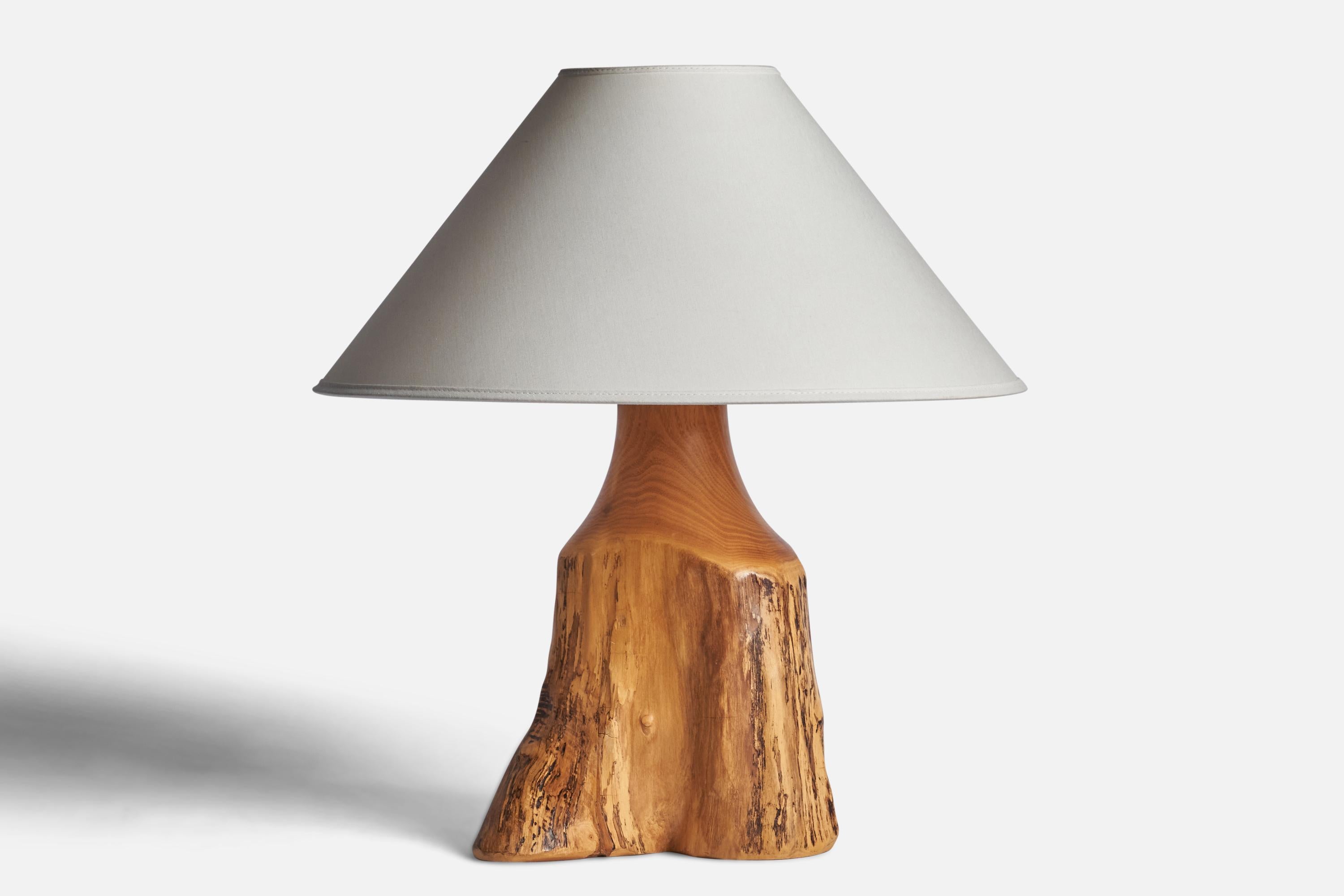A freeform cottonwood table lamp designed and produced by Sigvard Nilsson, Sweden, 1960s.

Dimensions of Lamp (inches): 13.35” H x 8.25” Diameter
Dimensions of Shade (inches): 4.5” Top Diameter x 16” Bottom Diameter x 7.25” H
Dimensions of Lamp with