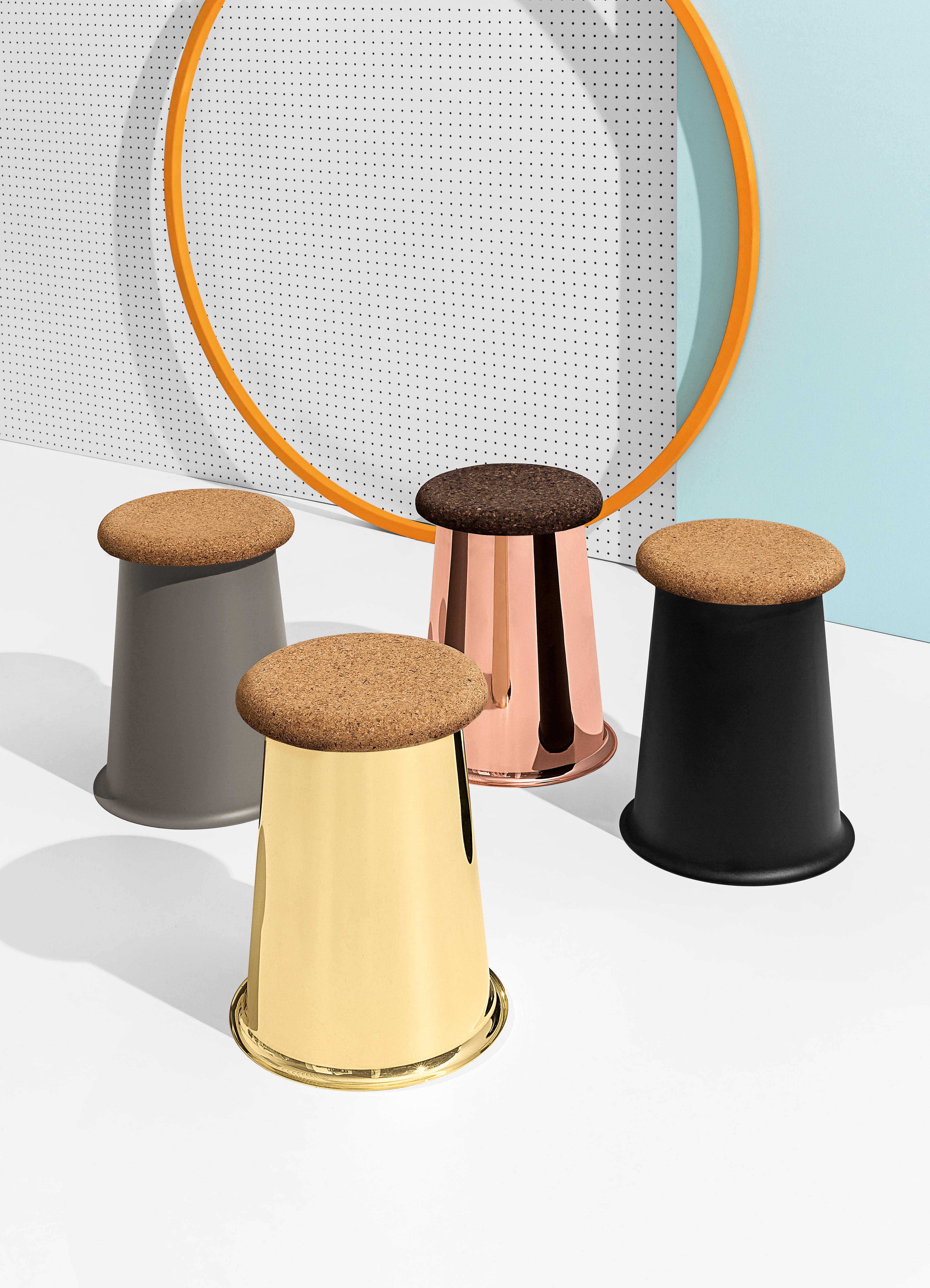 Stool with polished copper base and seating in dark cork. 

Siit is an invitation to sit down and relax. Siit is a multifunctional stool with a minimal design and refined details. It merges functionality and sustainability thanks to its cork seat,