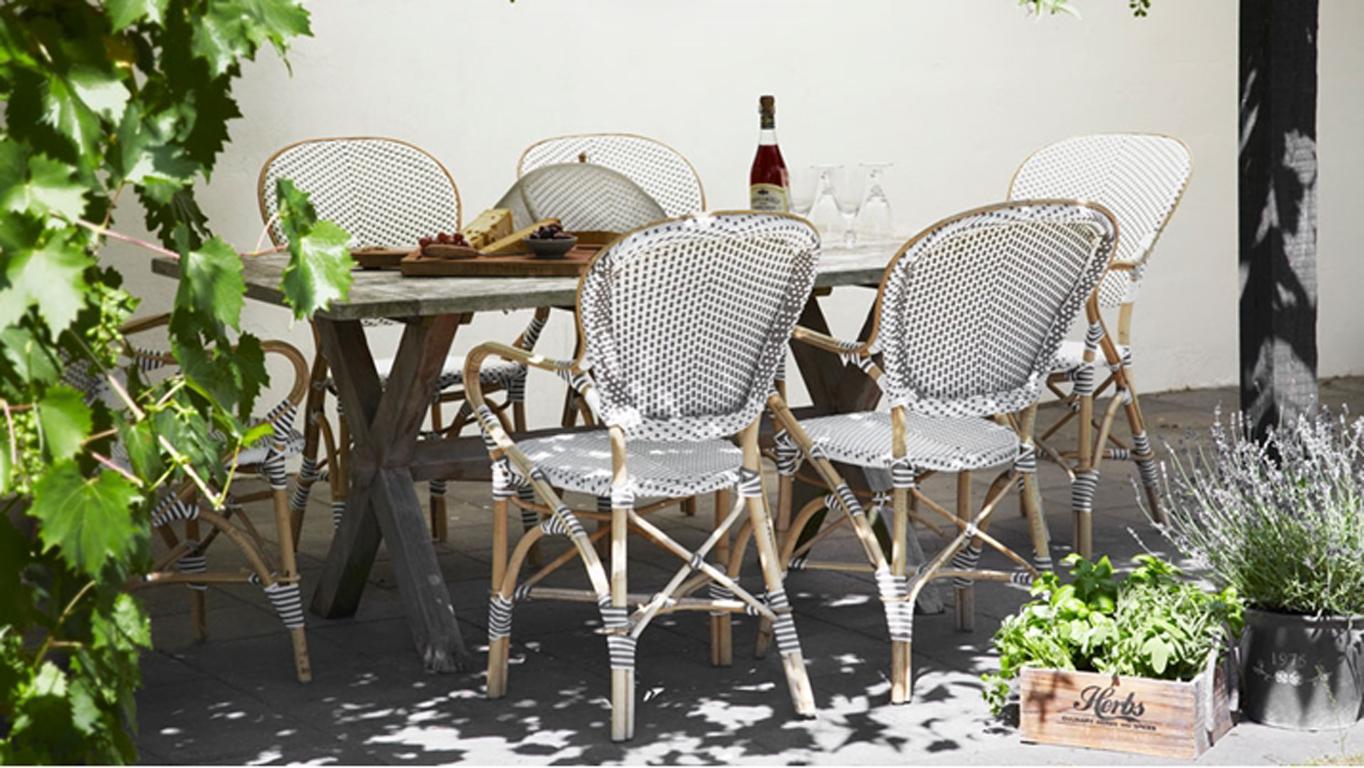 Indonesian Sika Design Isabell Woven Rattan Bistro Armchair in White with Cappuccino Dots