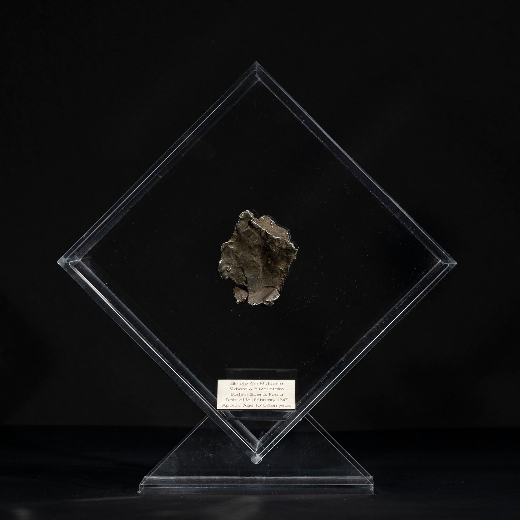 Originelles Design in einem Acryl-Display mit einem Magneten, der den Meteoriten so aussehen lässt, als würde er noch Jahre vor seinem letzten Besuch auf der Erde im Weltraum schweben. 

Sikhote Alin Meteorit
Dieser Eisenmeteorit fiel am 12. Februar