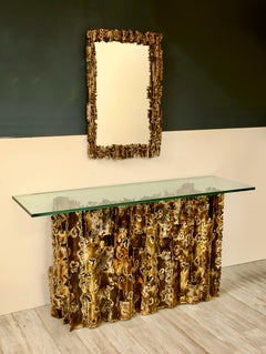 Consola y espejo de latón Brutalista de mediados de siglo de Silas Seandel, firmados y fechados