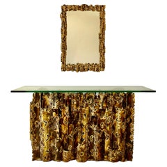Silas Seandel Mid-Century Brutalist Brass Console and Mirror, Signed and Dated