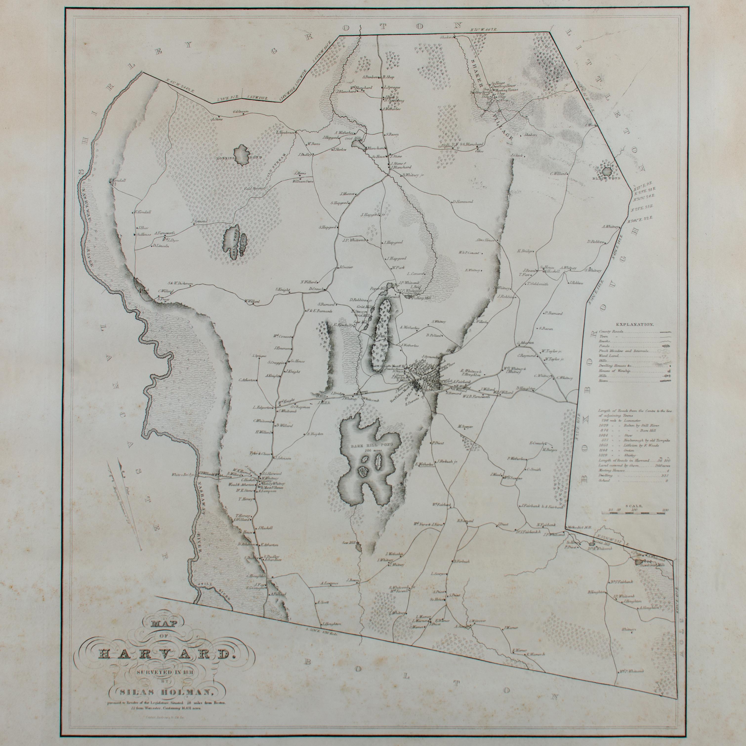 A framed historic map of Harvard, as surveyed in 1831 by Silas Holman, reproduced circa 1920s.

frame: 29 by 32 inches

