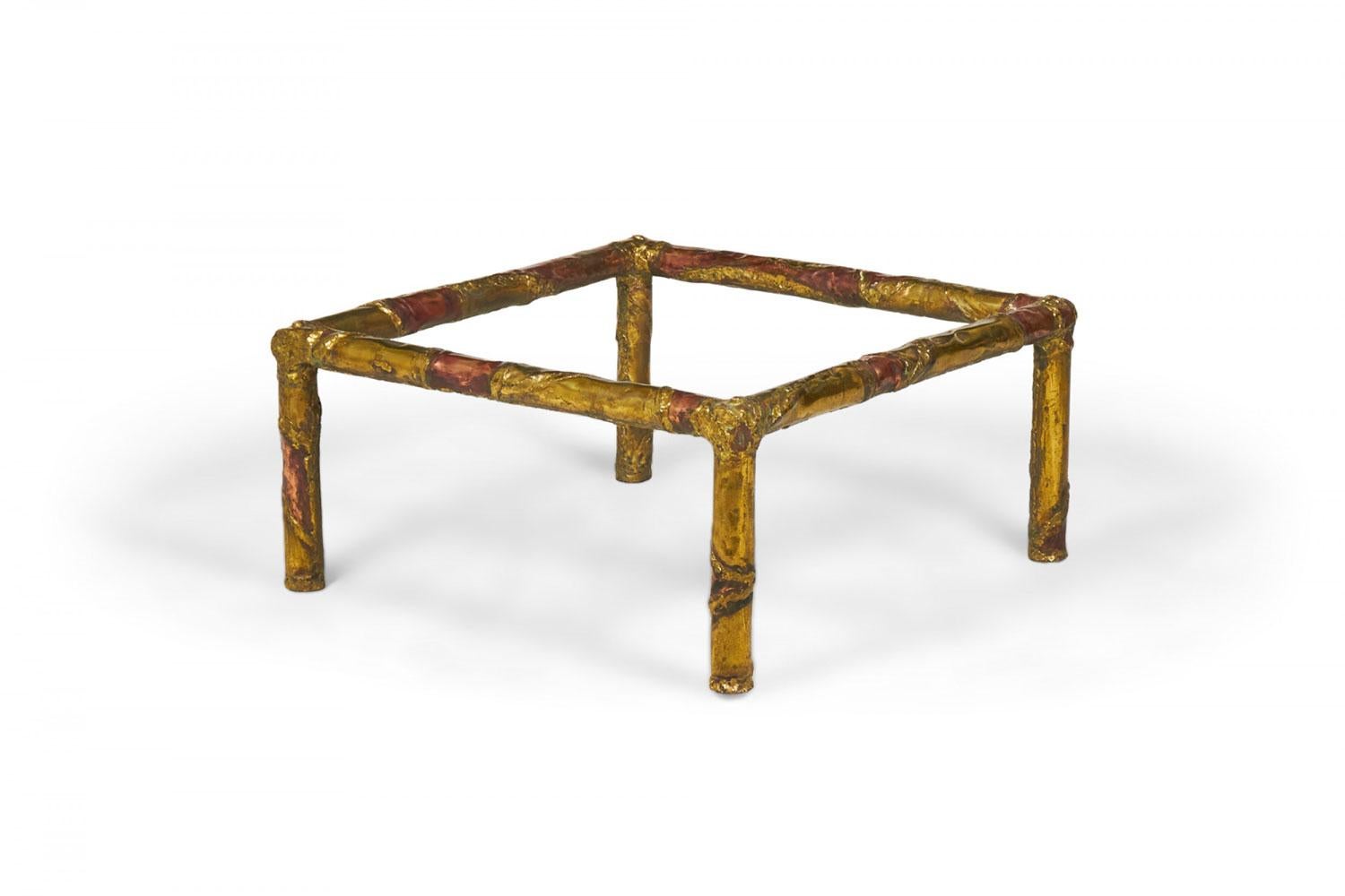 American Art Furniture/Brutalist (circa 1974) square coffee table frame made of textured mixed metals in copper and brass tones. (signed, SILAS SEANDEL, \'74)

Frame only, missing glass.