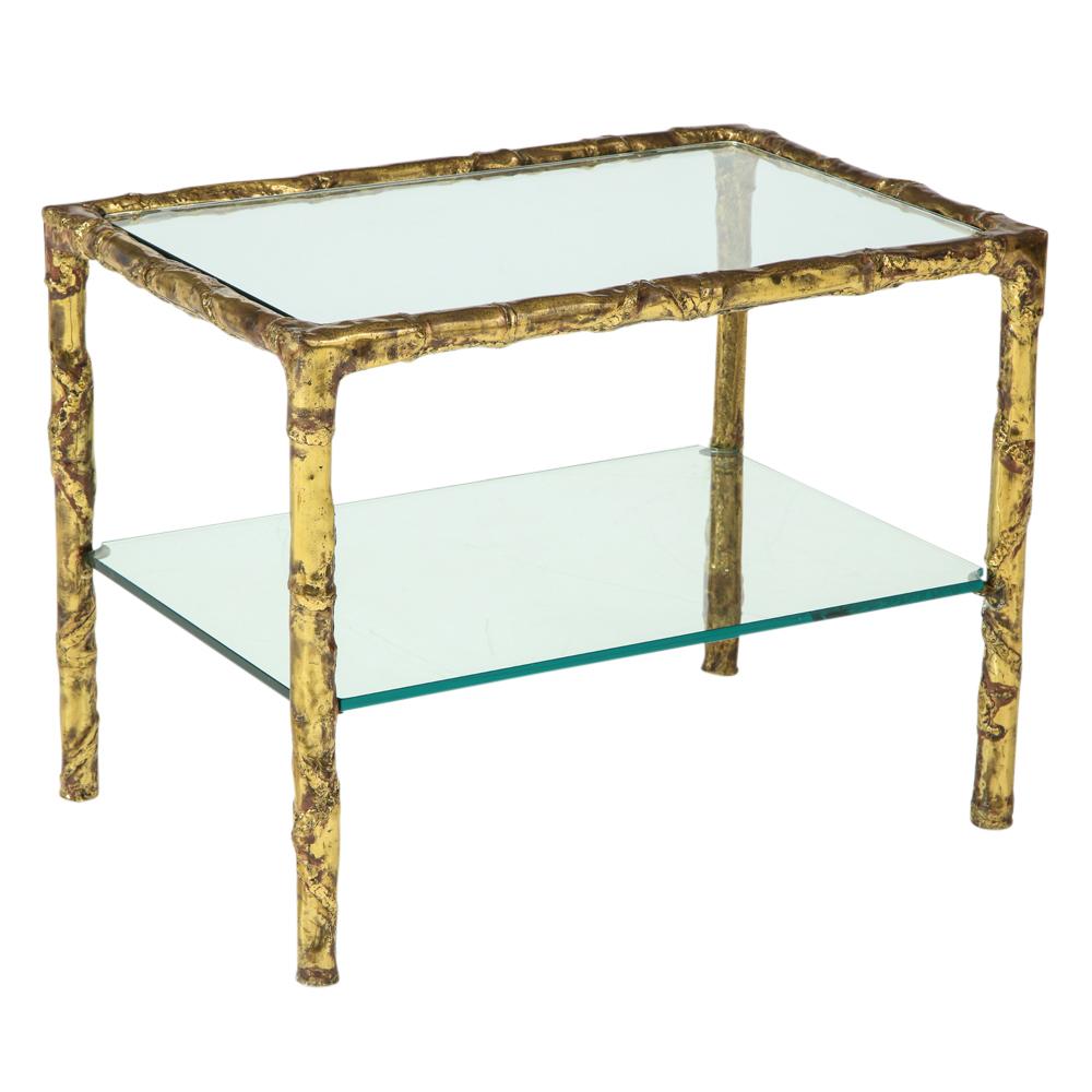 Silas Seandel Side Table, Copper, Brass, Bronze and Glass, Signed. Two tier side table fabricated from copper, brass and bronze with inset glass top and another lower shelf. Signed Silas Seandel 72 on one of the shorter sides of the top tier of the