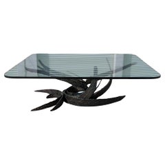 Sculptural Coffee Table by Daniel Gluck, Glass Top with Brutalist Metal Base 70s