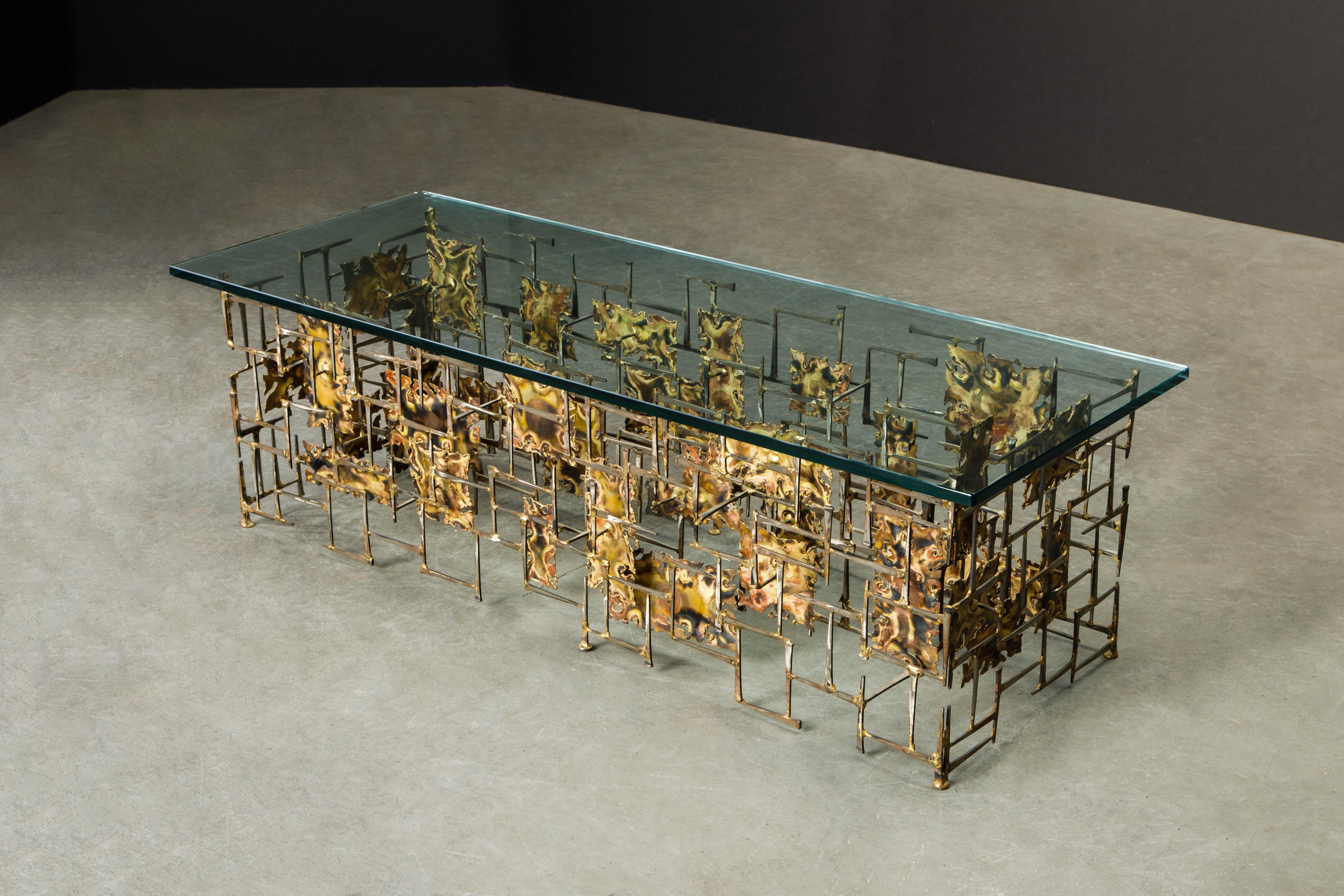 American Silas Seandel Brutalist Mixed Metals Brass and Copper Coffee Table, 1970s