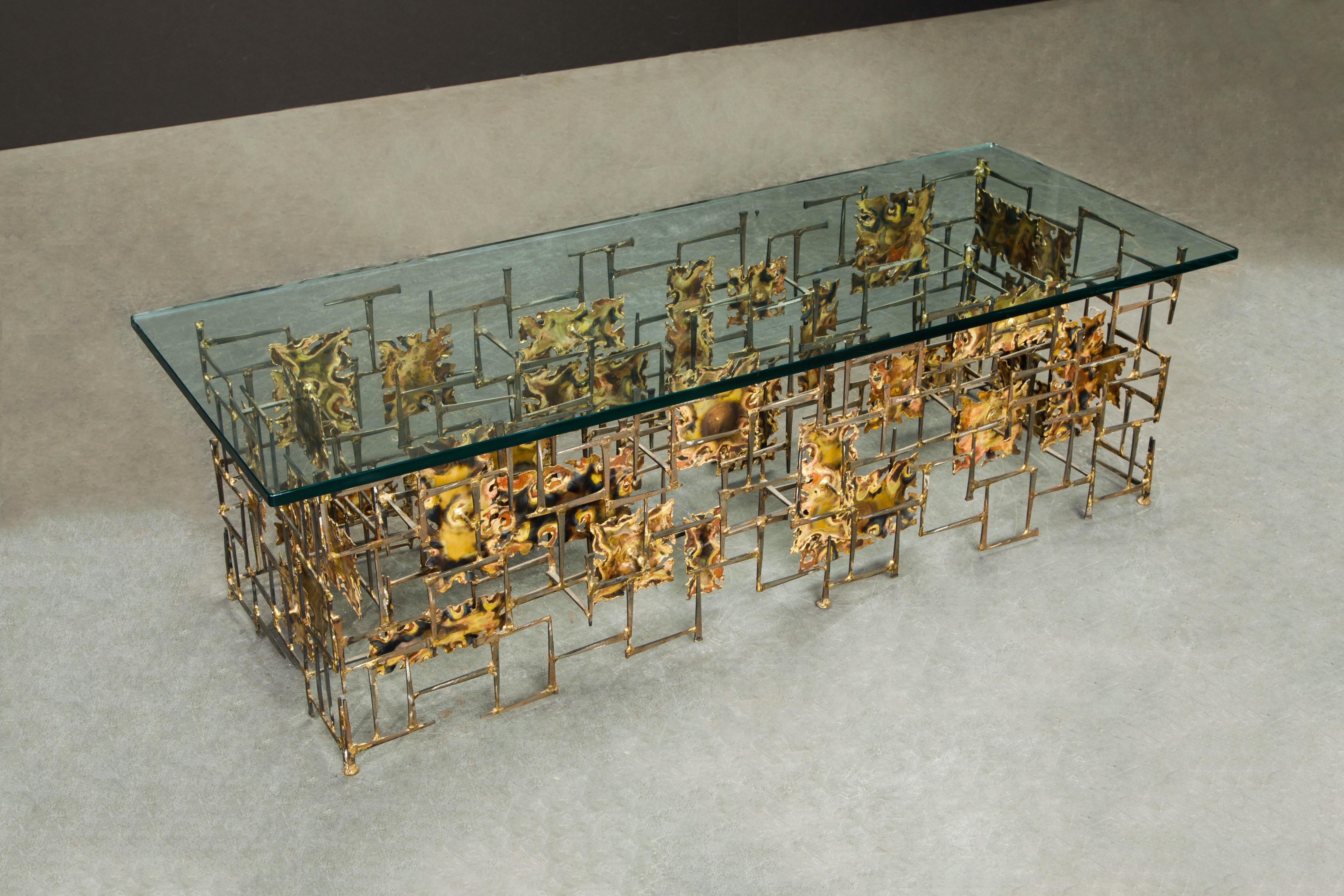 Silas Seandel Brutalist Mixed Metals Brass and Copper Coffee Table, 1970s In Good Condition In Los Angeles, CA