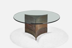 Table basse Silas Seandel, métal émaillé, verre, États-Unis, années 1970