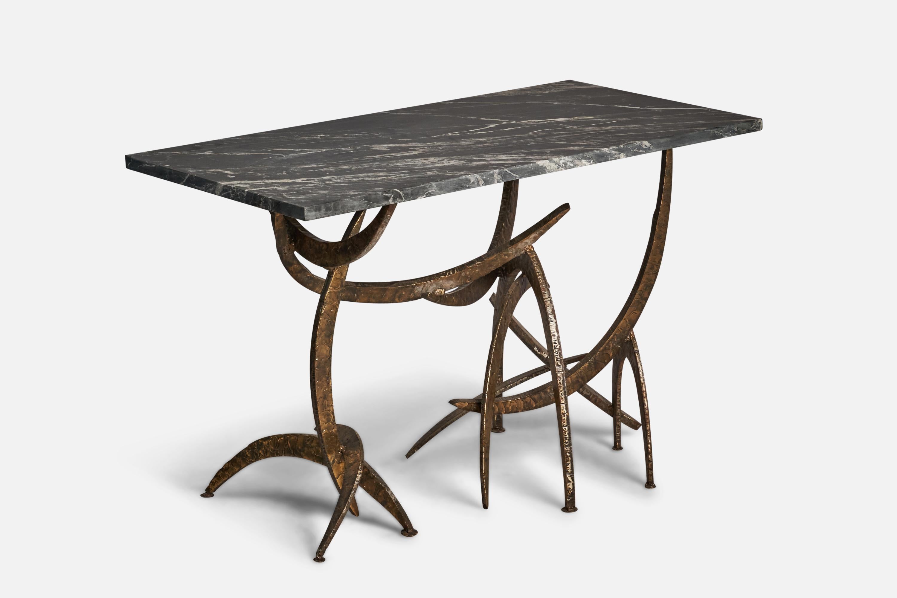 
A bronzed steel and marble console table designed and produced by Silas Seandel, USA, c. 1970s. 
With artists signature to base.
Replaced marble top.
