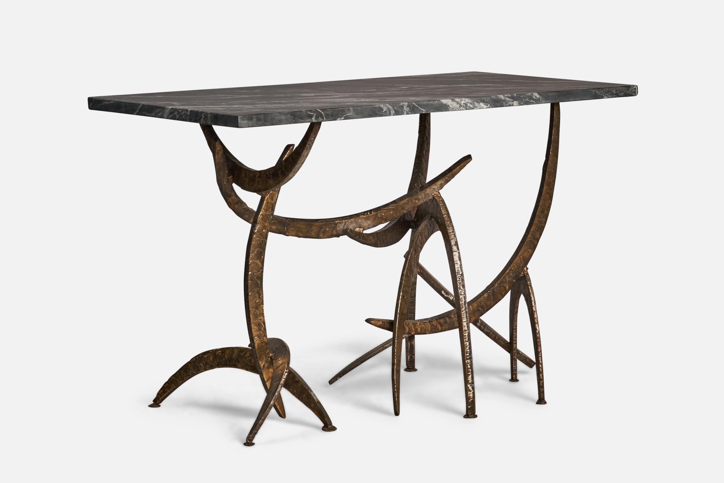 Post-Modern Silas Seandel, Freeform Console, Bronzed Steel, Marble, USA, 1970s For Sale