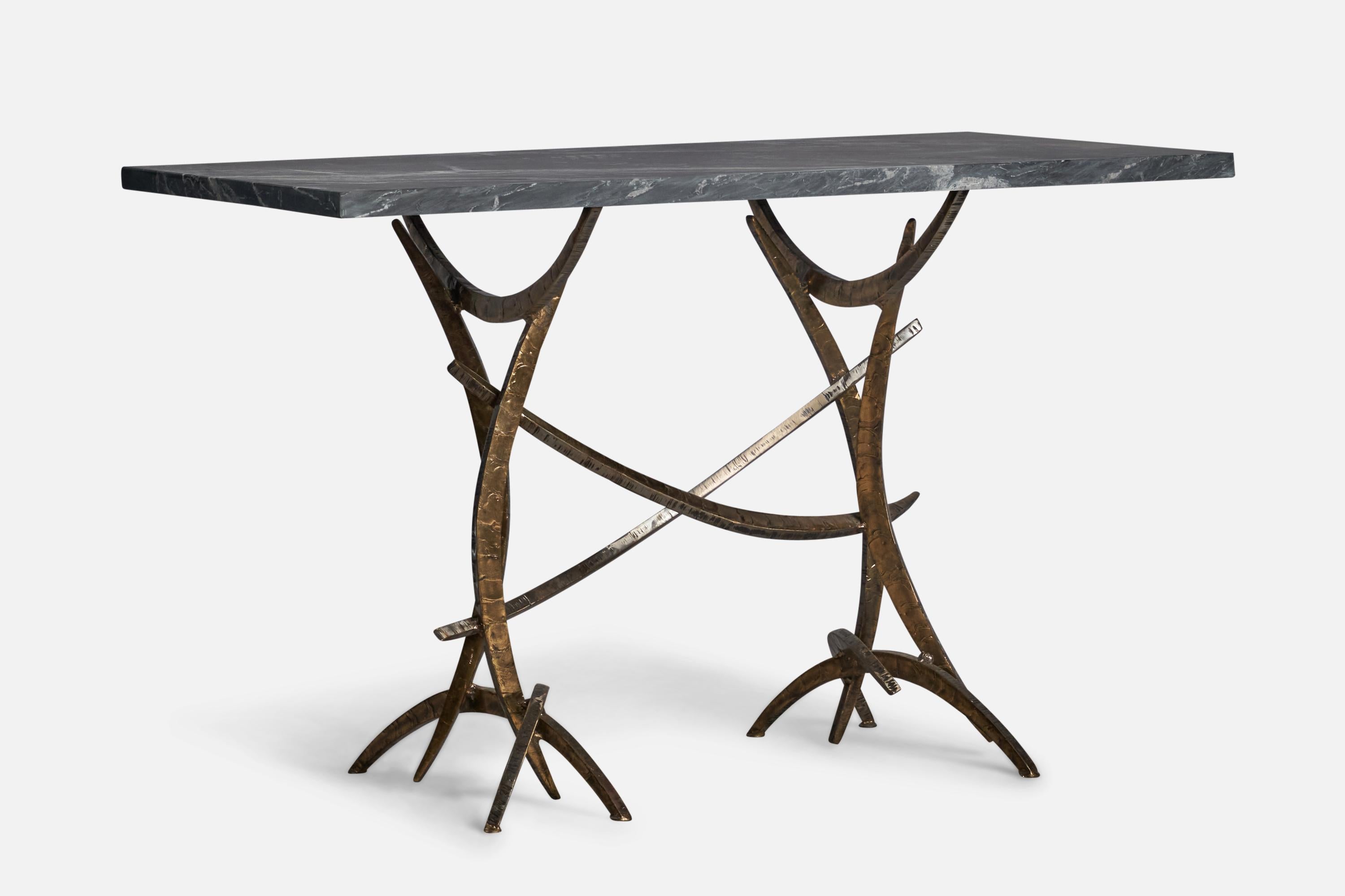 Post-Modern Silas Seandel, Freeform Console Table, Bronzed Steel, Marble, USA, 1970s For Sale