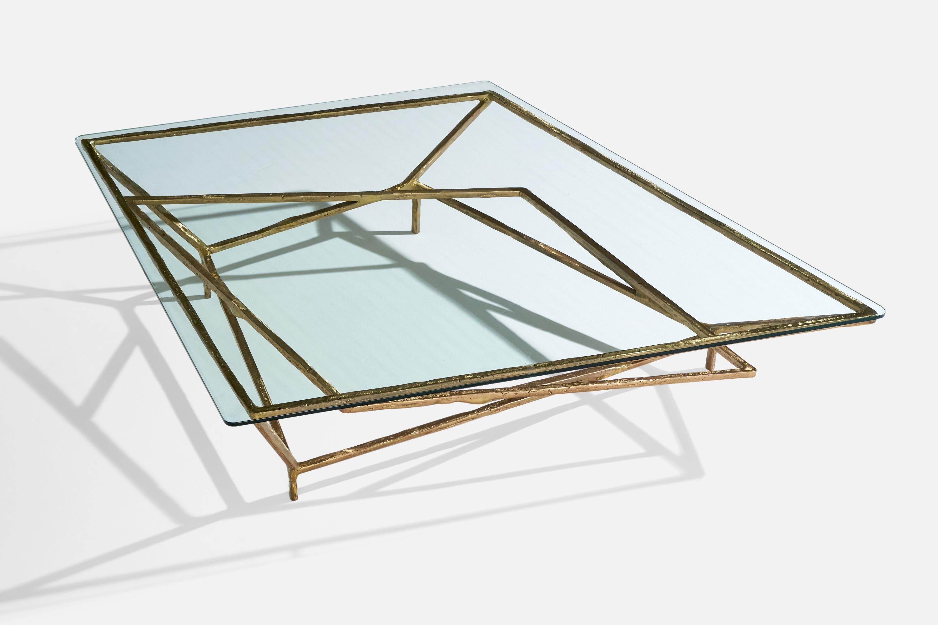 Großer, skulpturaler Couchtisch aus Bronze und Glas, entworfen und hergestellt von Silas Seandel, USA, ca. 1980er Jahre.

Abmessungen: 16,75
