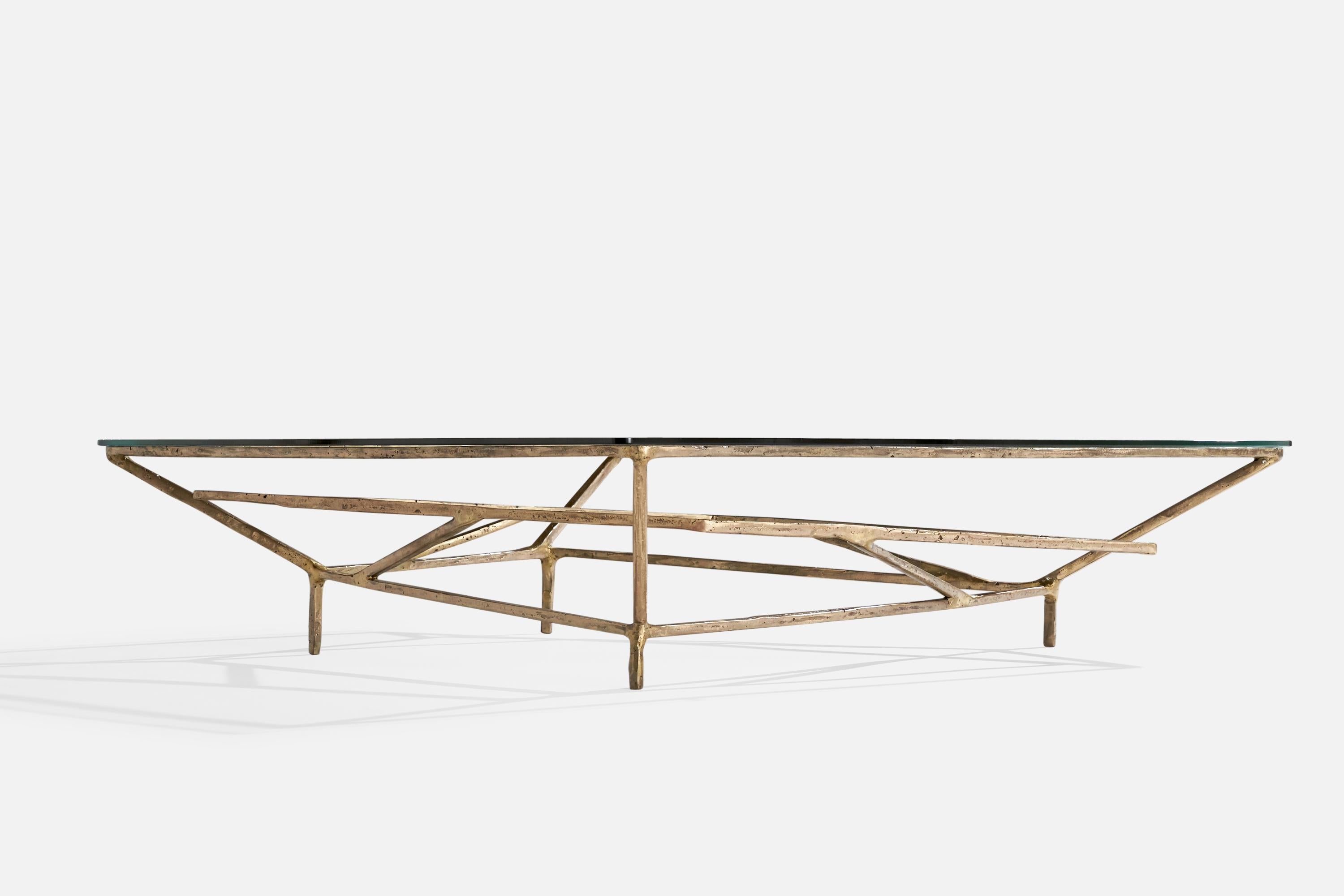 Silas Seandel, Großer Couchtisch, Bronze, Glas, USA, 1980er Jahre (Ende des 20. Jahrhunderts) im Angebot