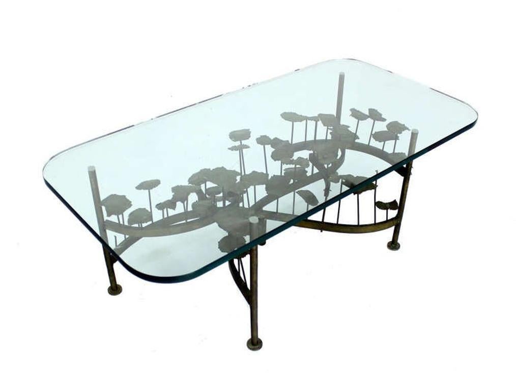 American Silas Seandel Mid Century Modern Brass Base Glass Top Brutalist Coffee Table  For Sale