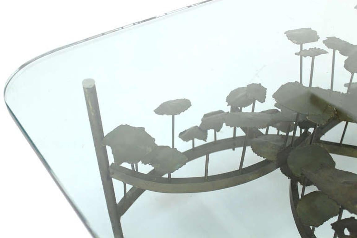 20th Century Silas Seandel Mid Century Modern Brass Base Glass Top Brutalist Coffee Table  For Sale