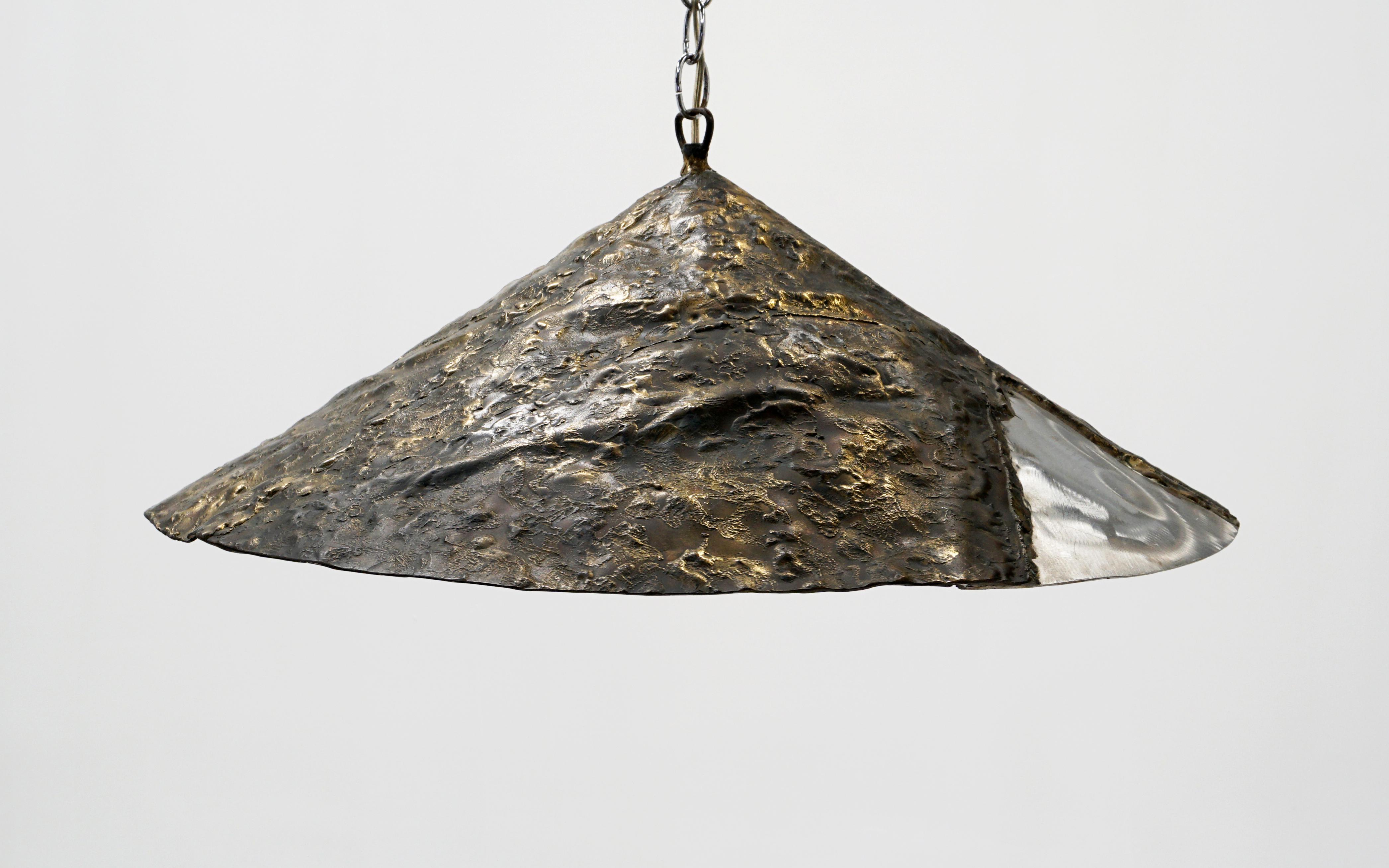 American Silas Seandel Pendant Light, Patinated Brass and Aluminum, Etched Signature For Sale