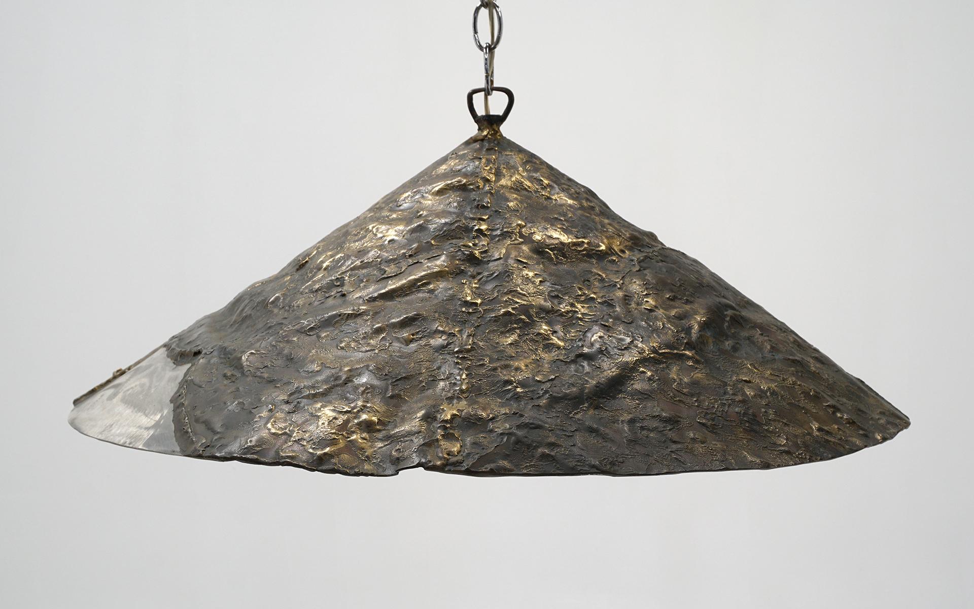 Silas Seandel Pendant Light, Patinated Brass and Aluminum, Etched Signature In Good Condition For Sale In Kansas City, MO