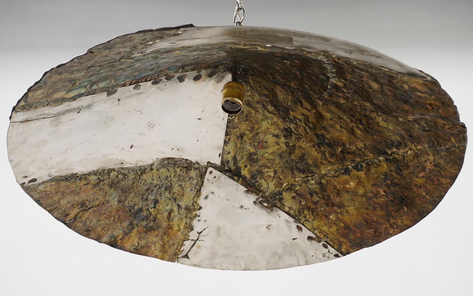 Silas Seandel Pendant Light, Patinated Brass and Aluminum, Etched Signature For Sale 1