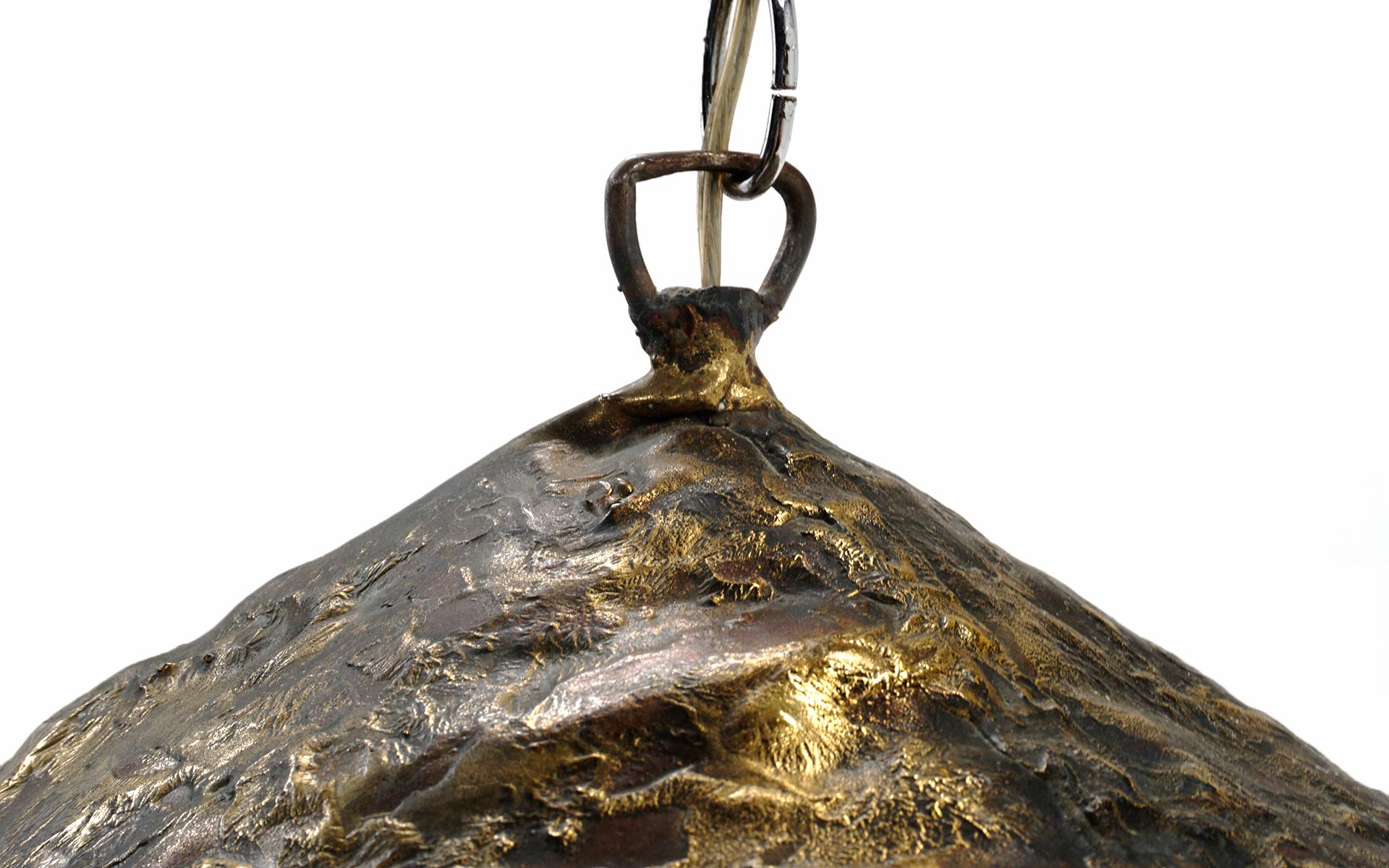 Late 20th Century Silas Seandel Pendant Light, Patinated Brass and Aluminum, Etched Signature For Sale