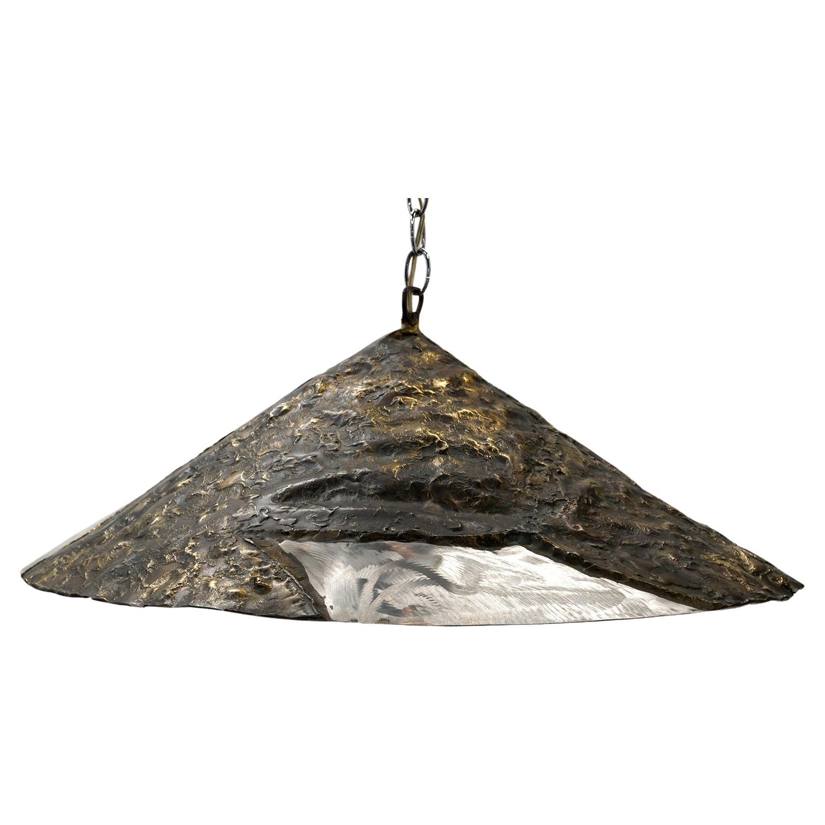 Silas Seandel Pendant Light, Patinated Brass and Aluminum, Etched Signature For Sale