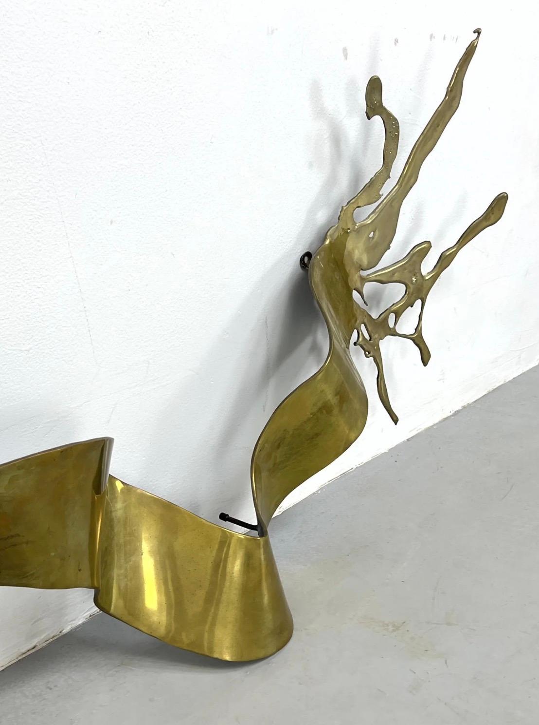Late 20th Century Silas Seandel 'Ribbon' Brass Wall Mounted Abstract Sculpture, c 1970, Signed For Sale