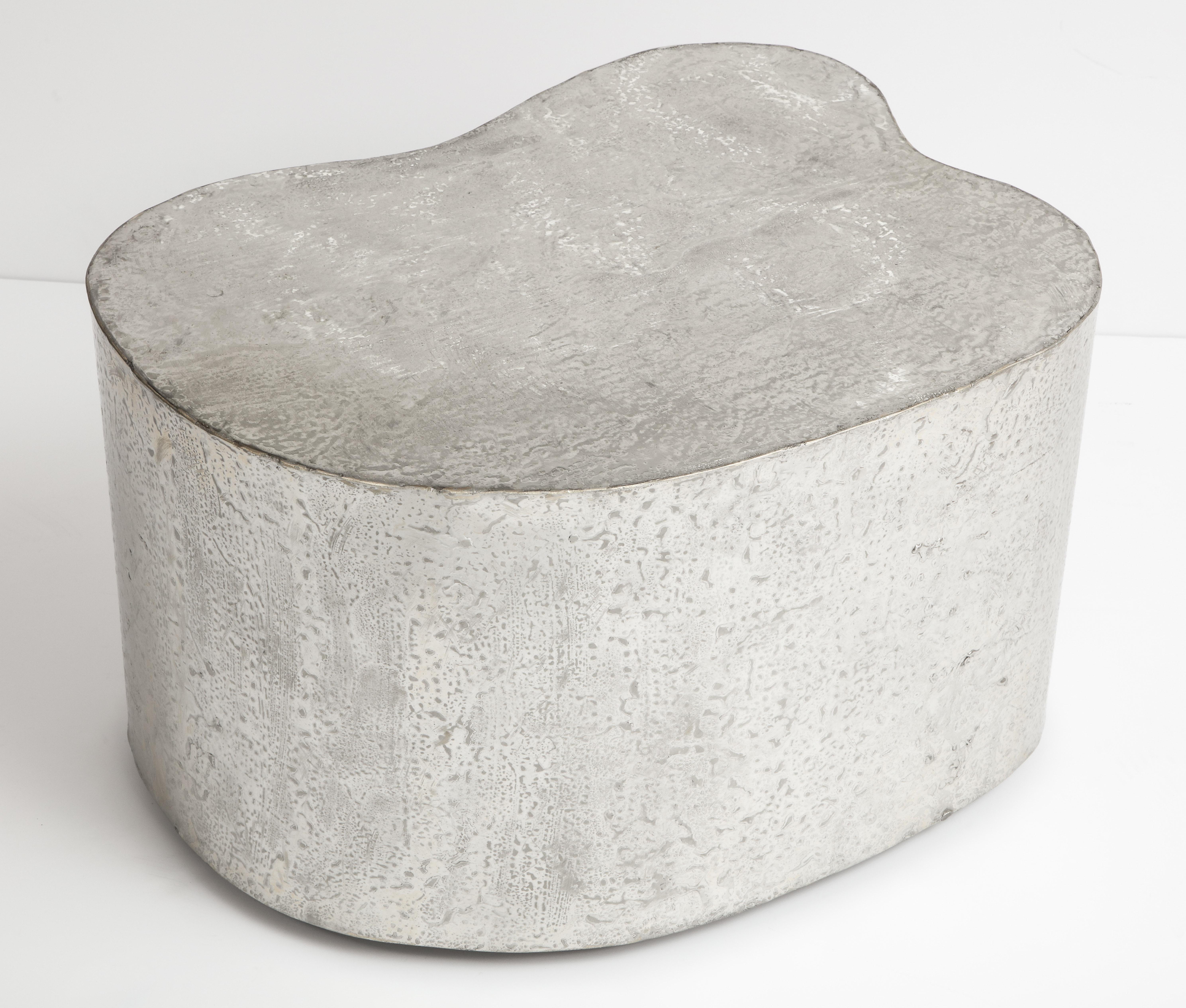 Silas Seandel freeform side table, pewter signed. Organic form brass side table with pewter finish and handwrought popcorn textured surface. Engraved signature, 