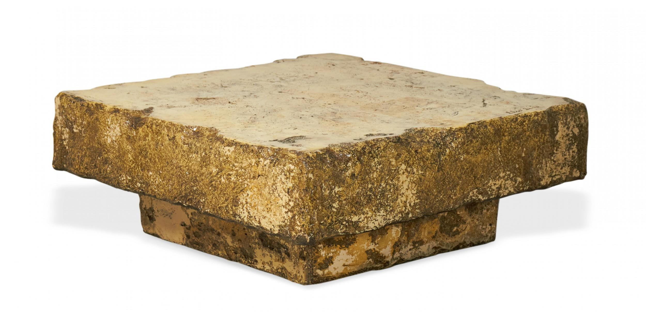 Fiberglass Silas Seandel Square Faux Chiseled Stone Cocktail / Coffee Table For Sale