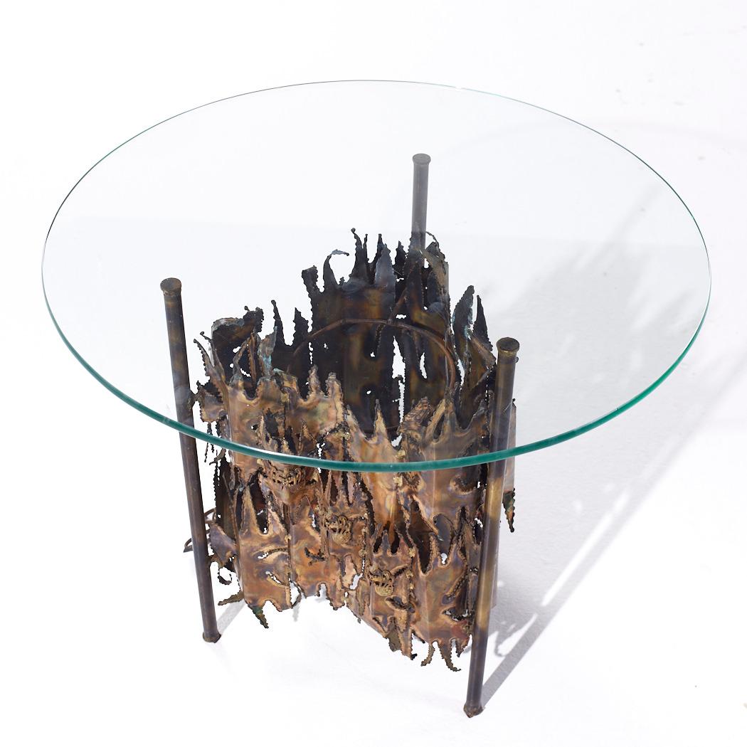 Glass Silas Seandel Style Brutalist Mid Century Torch Cut Side End Table with Lamp For Sale