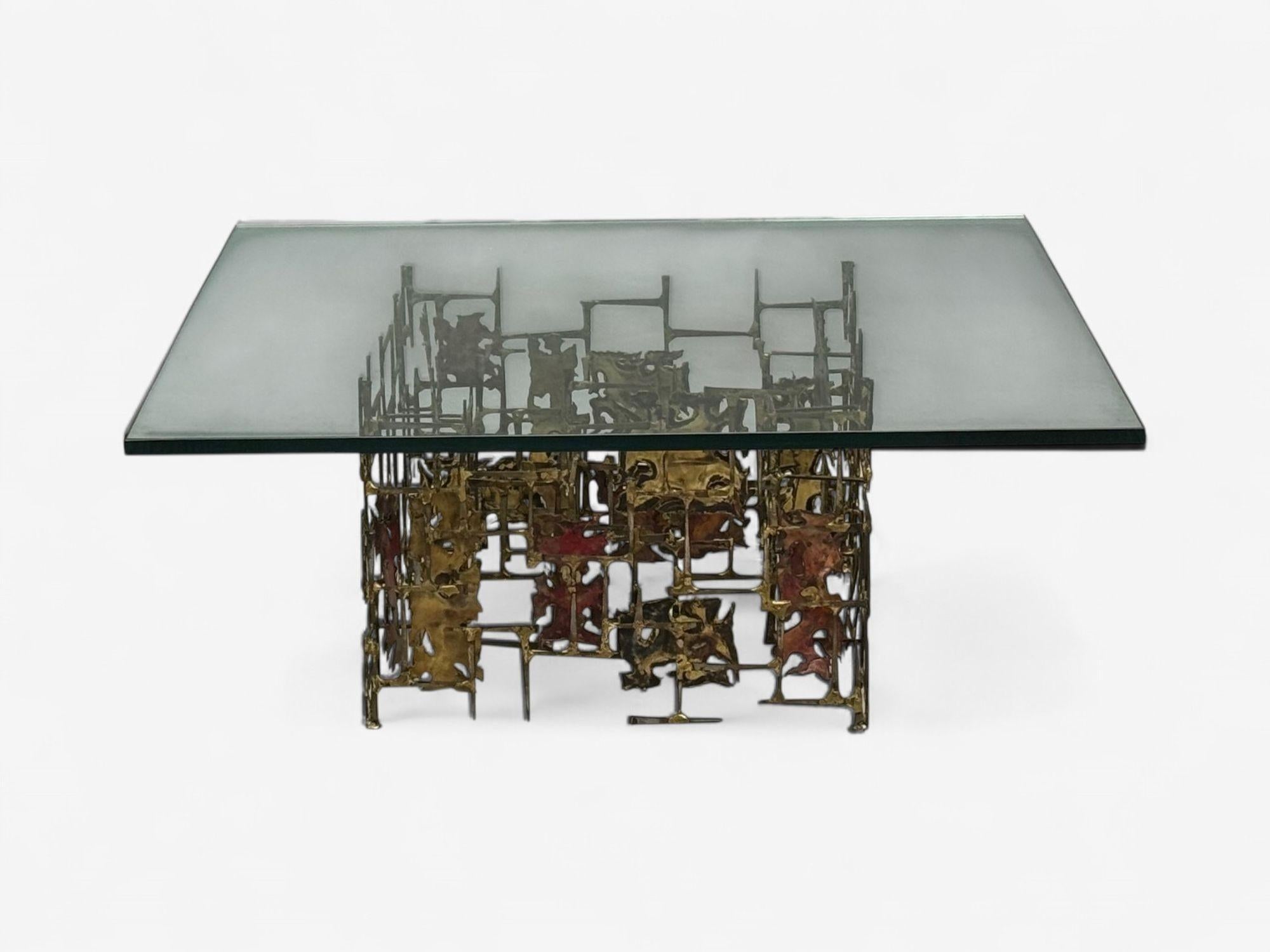 Estilo Silas Seandel, Moderno Brutalista, Metal, Cristal, Mesa de centro, EE.UU., Década de 1970 Estadounidense en venta