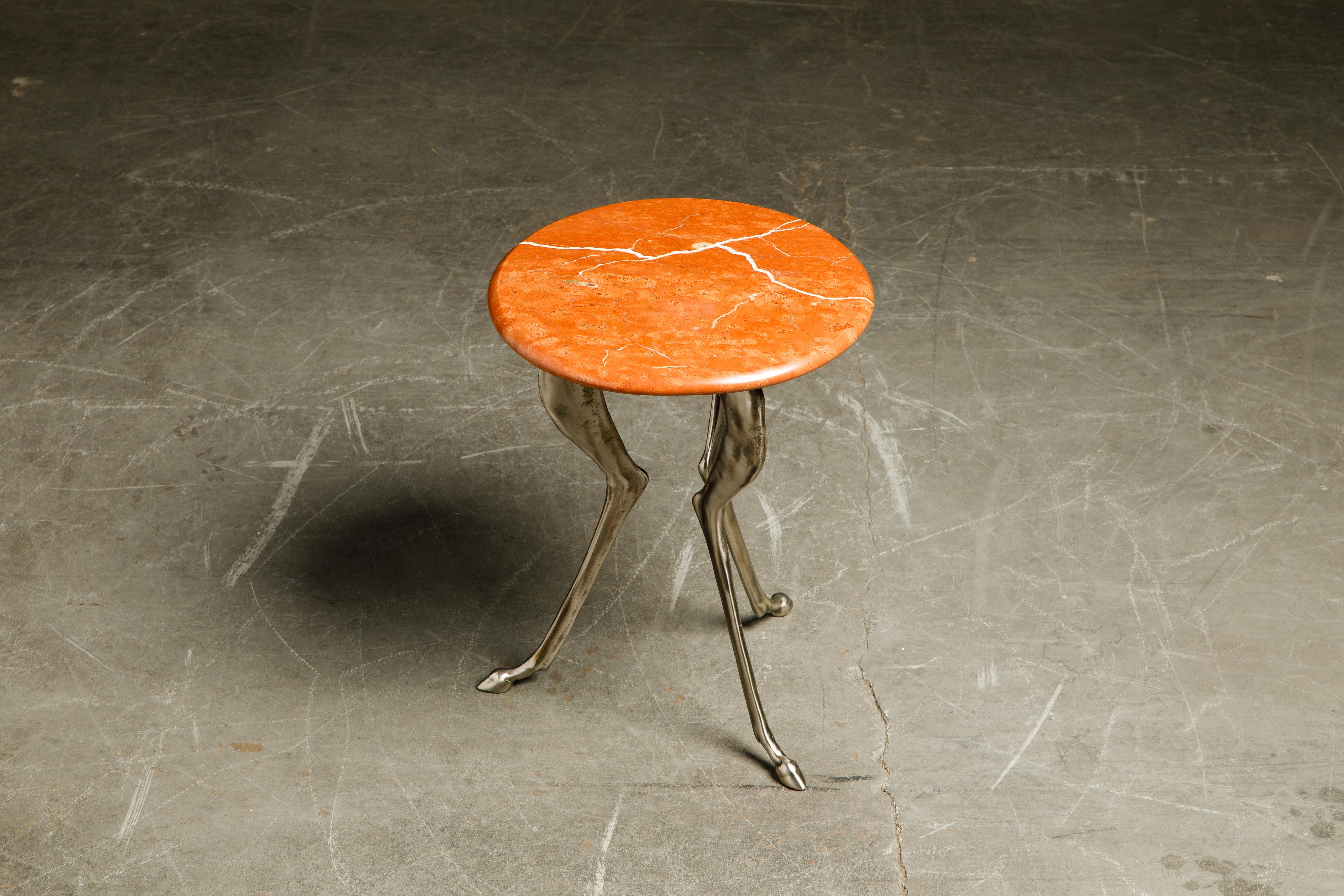American Silas Seandel Styled Marble & Aluminum Three Legged Anthropomorphic Side Table 