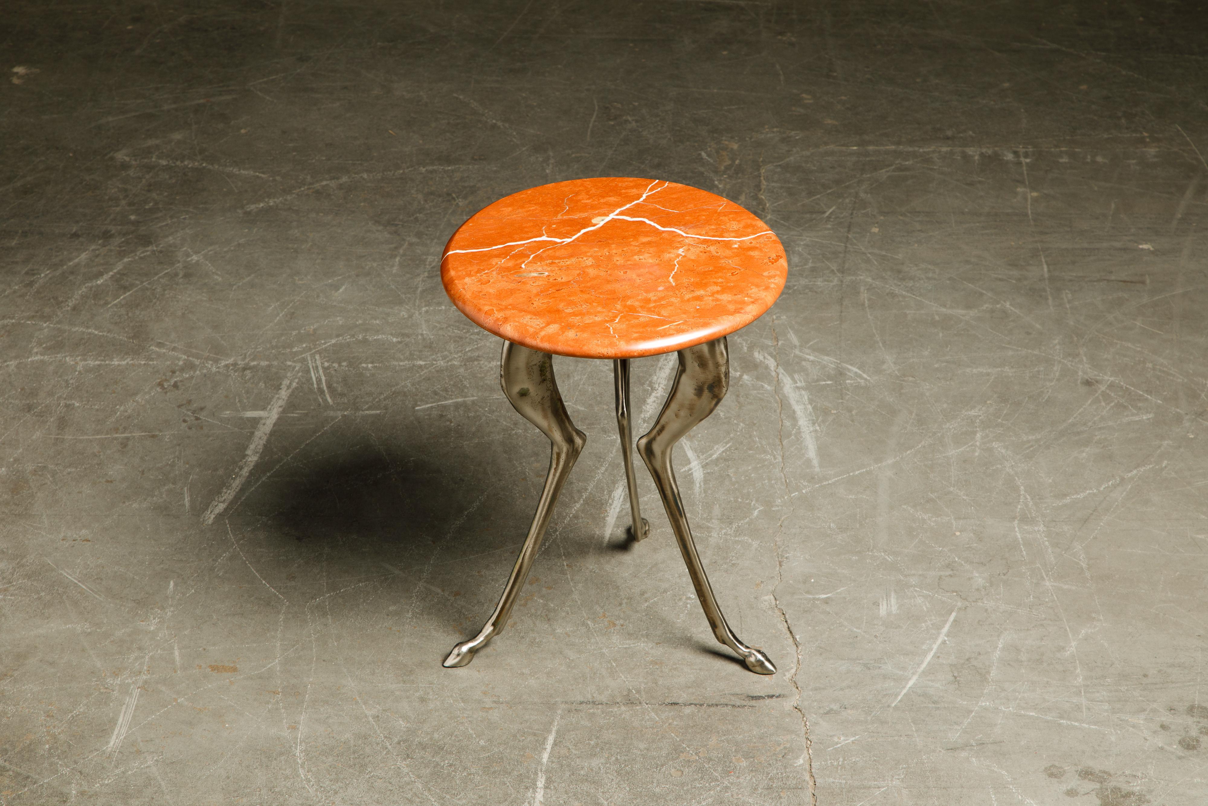 Silas Seandel Styled Marble & Aluminum Three Legged Anthropomorphic Side Table  In Excellent Condition In Los Angeles, CA