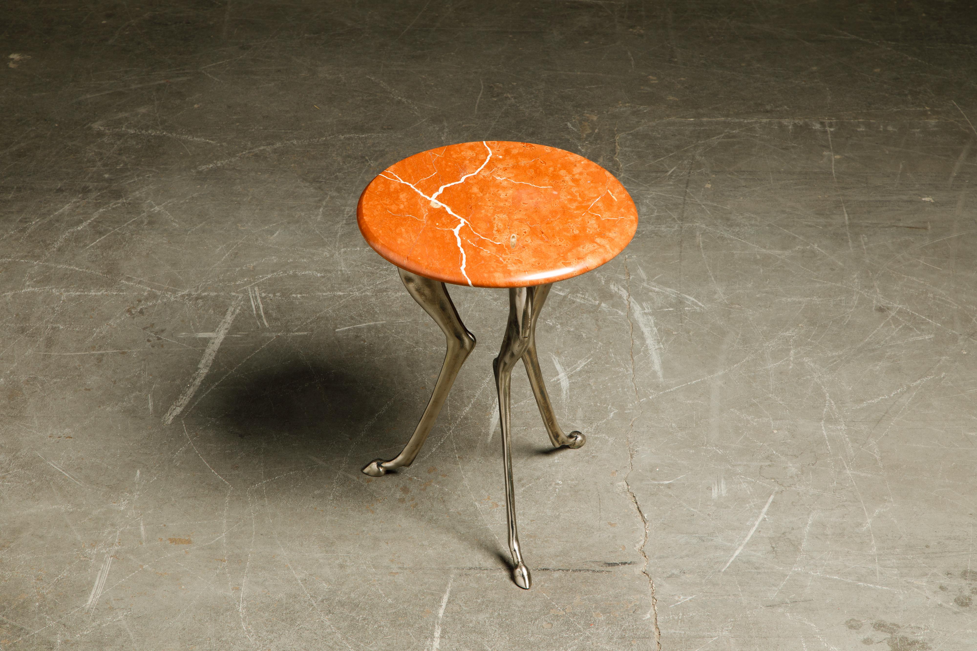 20th Century Silas Seandel Styled Marble & Aluminum Three Legged Anthropomorphic Side Table 