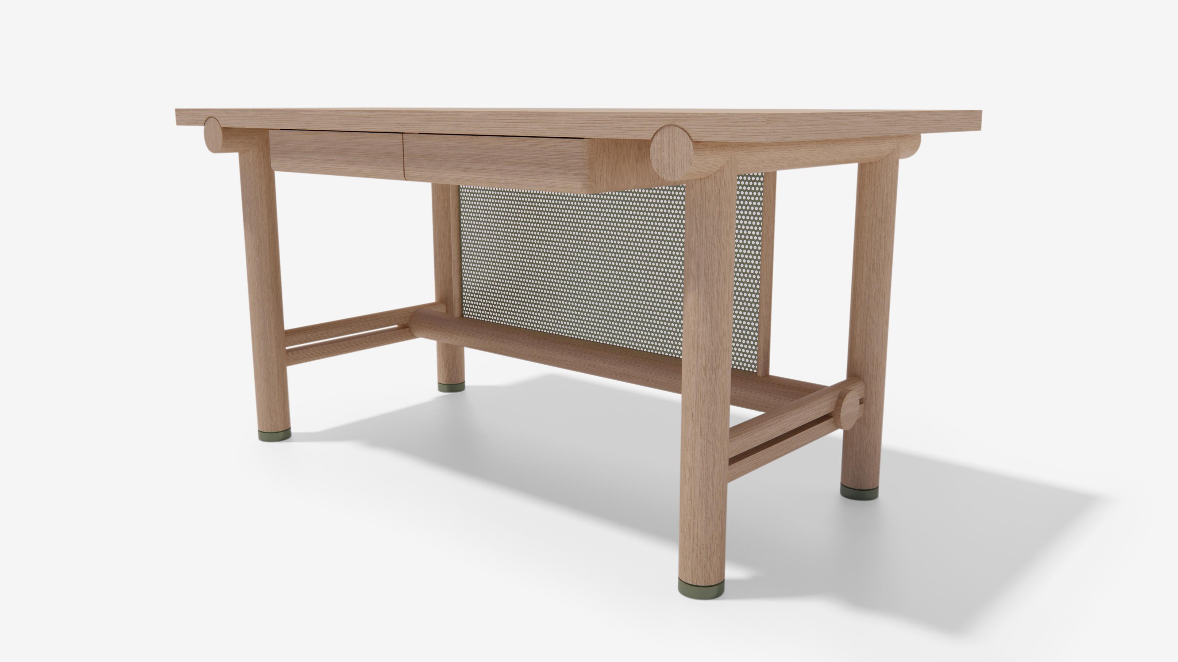 The Silas writing desk is crafted in solid hardwood with steel and brass accents. Inspired by the classic work bench, this desk focuses on a work surface from a simpler time. Handcrafted with interlocking round posts, a perforated modesty panel and