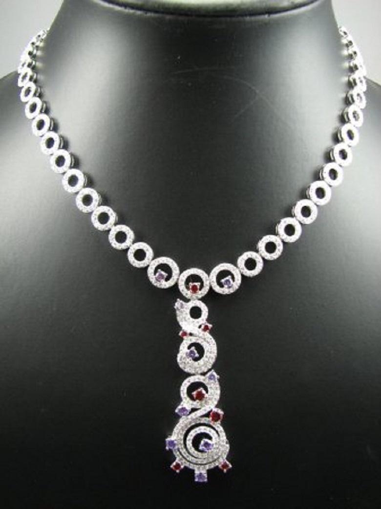 Siledium Silver Amethyst Rhodium Palladium Plating Drop Necklace By Feri In New Condition For Sale In Valenton, FR