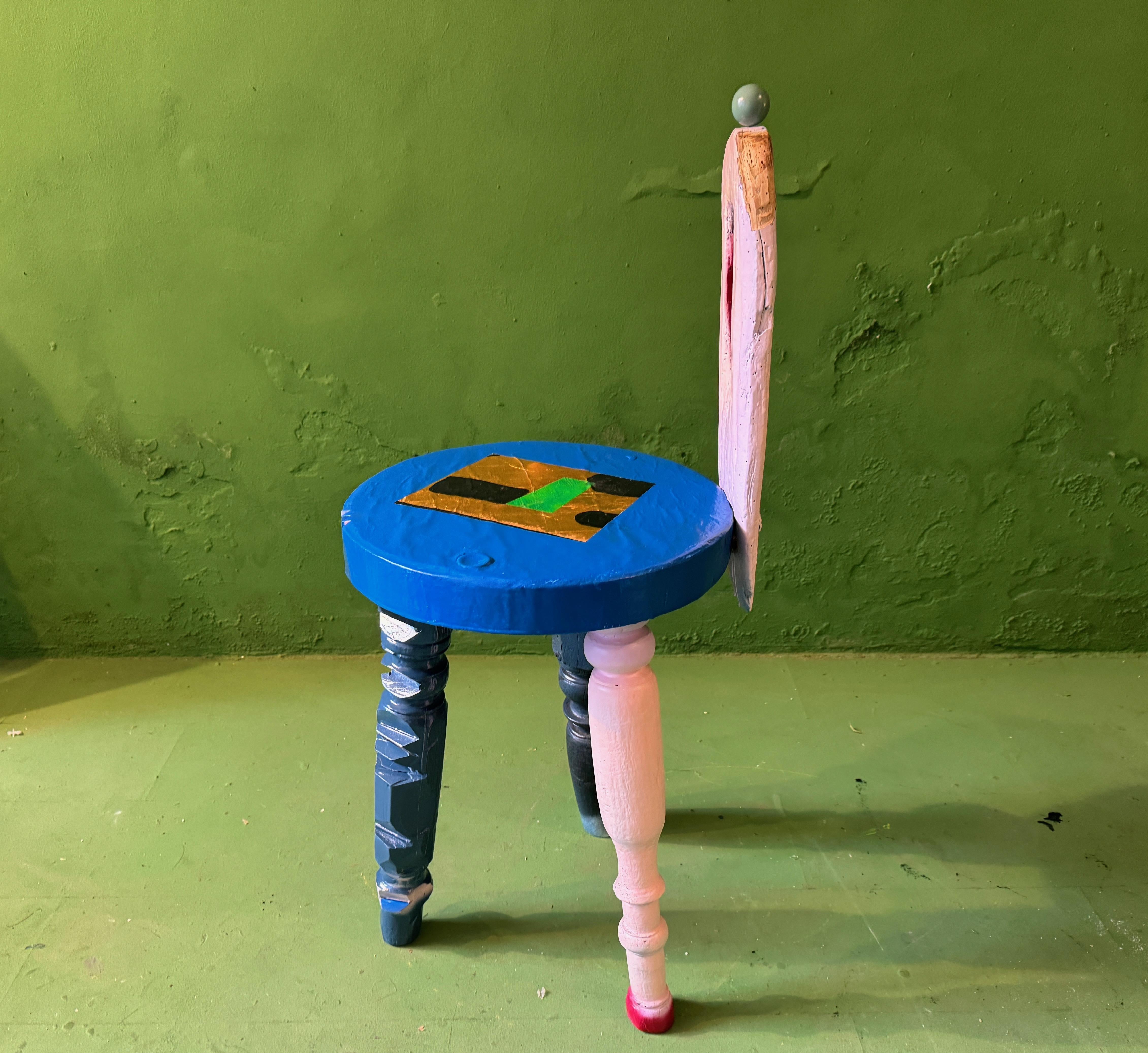 Teak stool/ table, gold plated, painted, lacquered in hogh gloss, carved and backrest added. Original title 